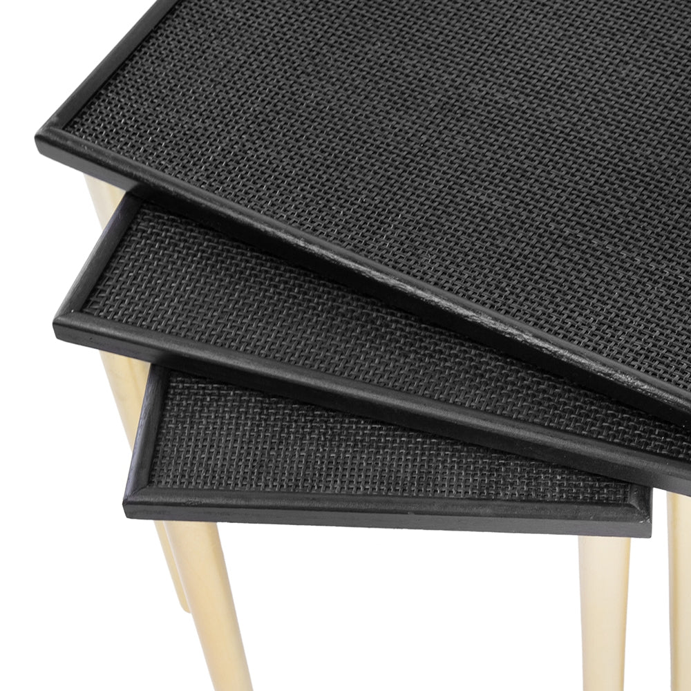 Stacking set of three black tiered plant stands with woven texture tops and wooden legs