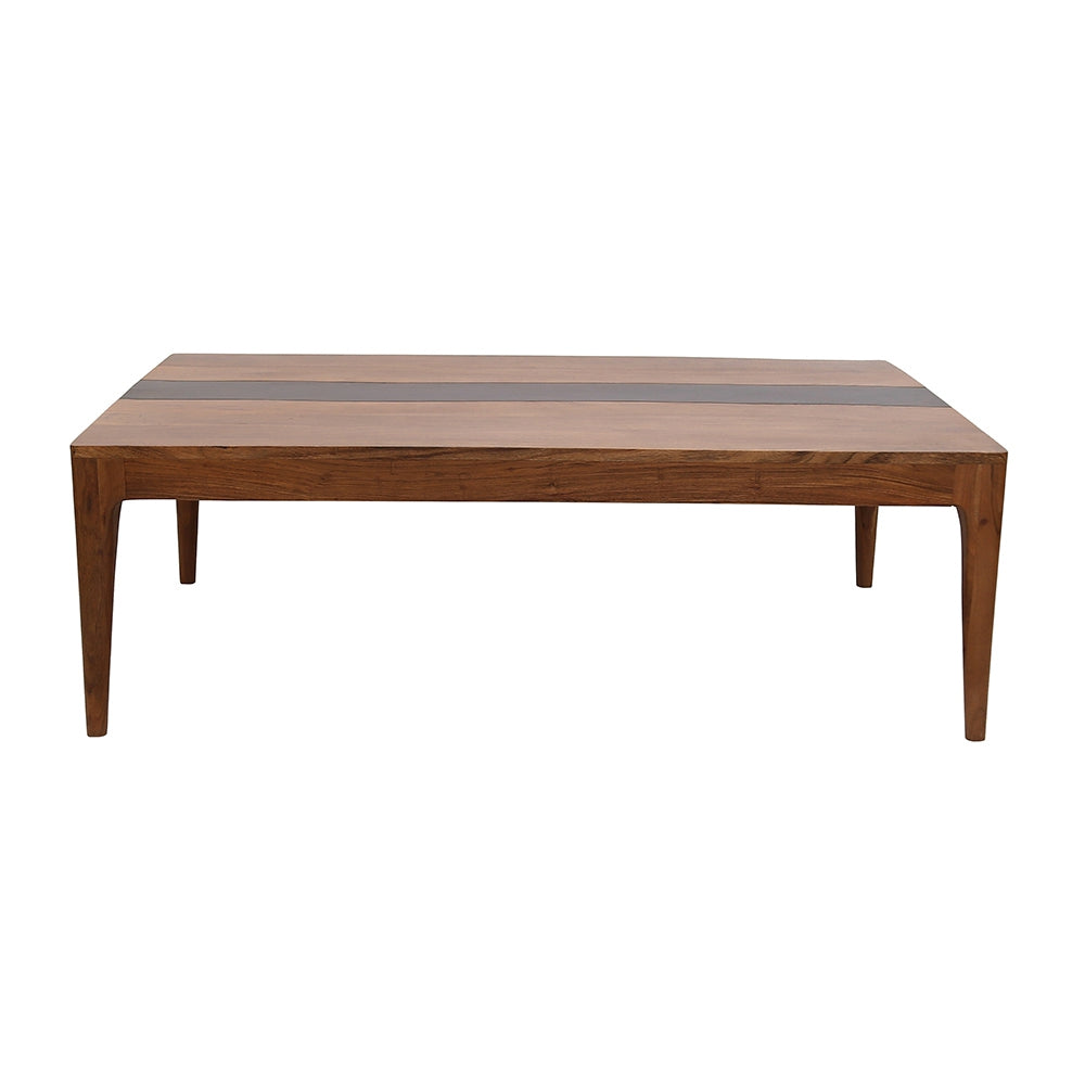 Rectangular wooden coffee table with dark resin inlay and tapered legs