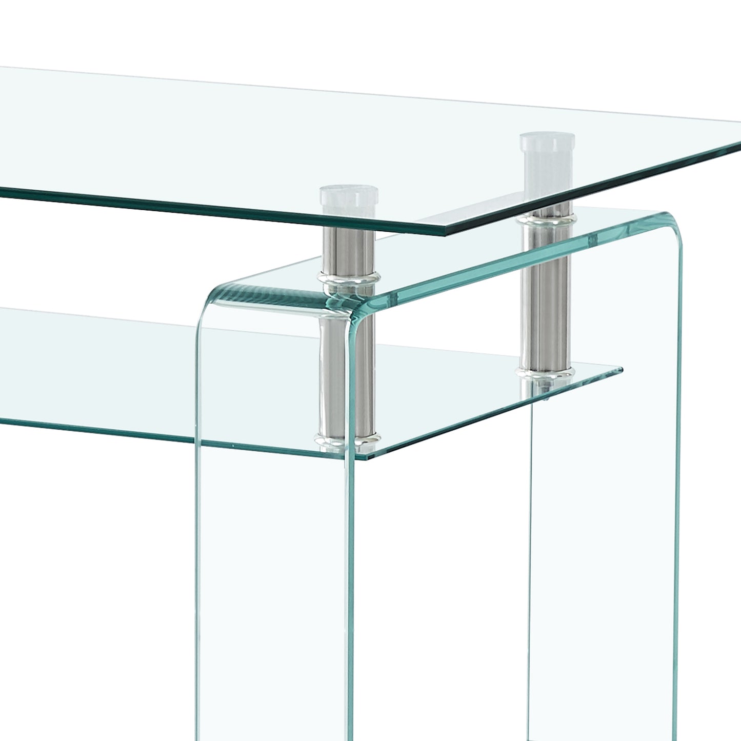 Closeup of a modern glass console table with chrome accents featuring clean lines