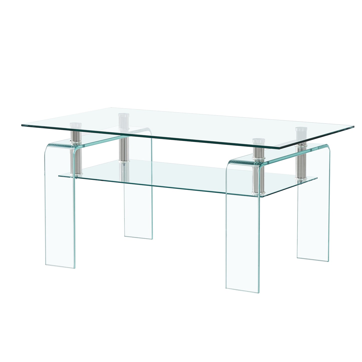 Modern clear glass coffee table with chrome supports and two shelves for living rooms