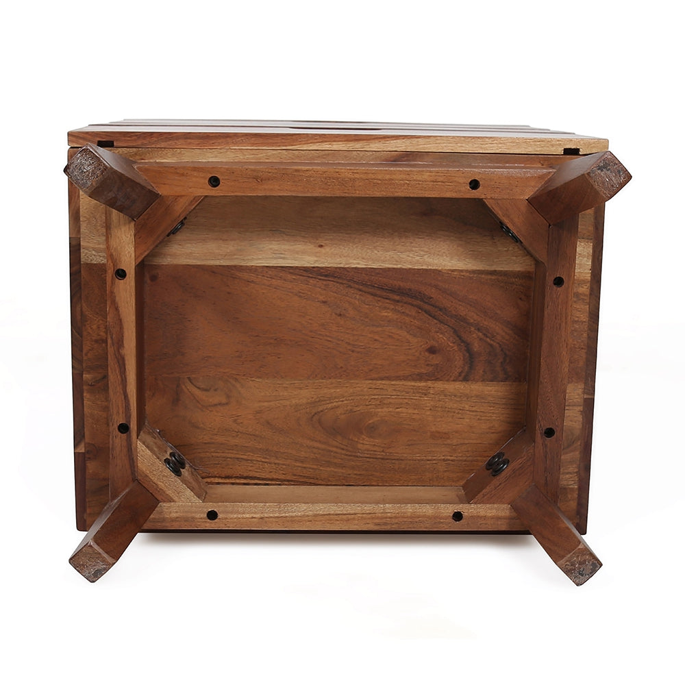 Solid wood end table underside with natural grain and sturdy angled legs
