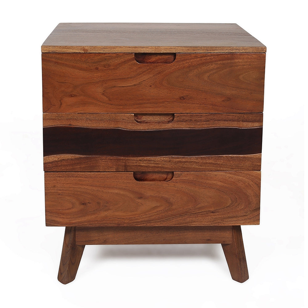 Solid wood drawer nightstand with carved drawer pulls and midcentury modern design