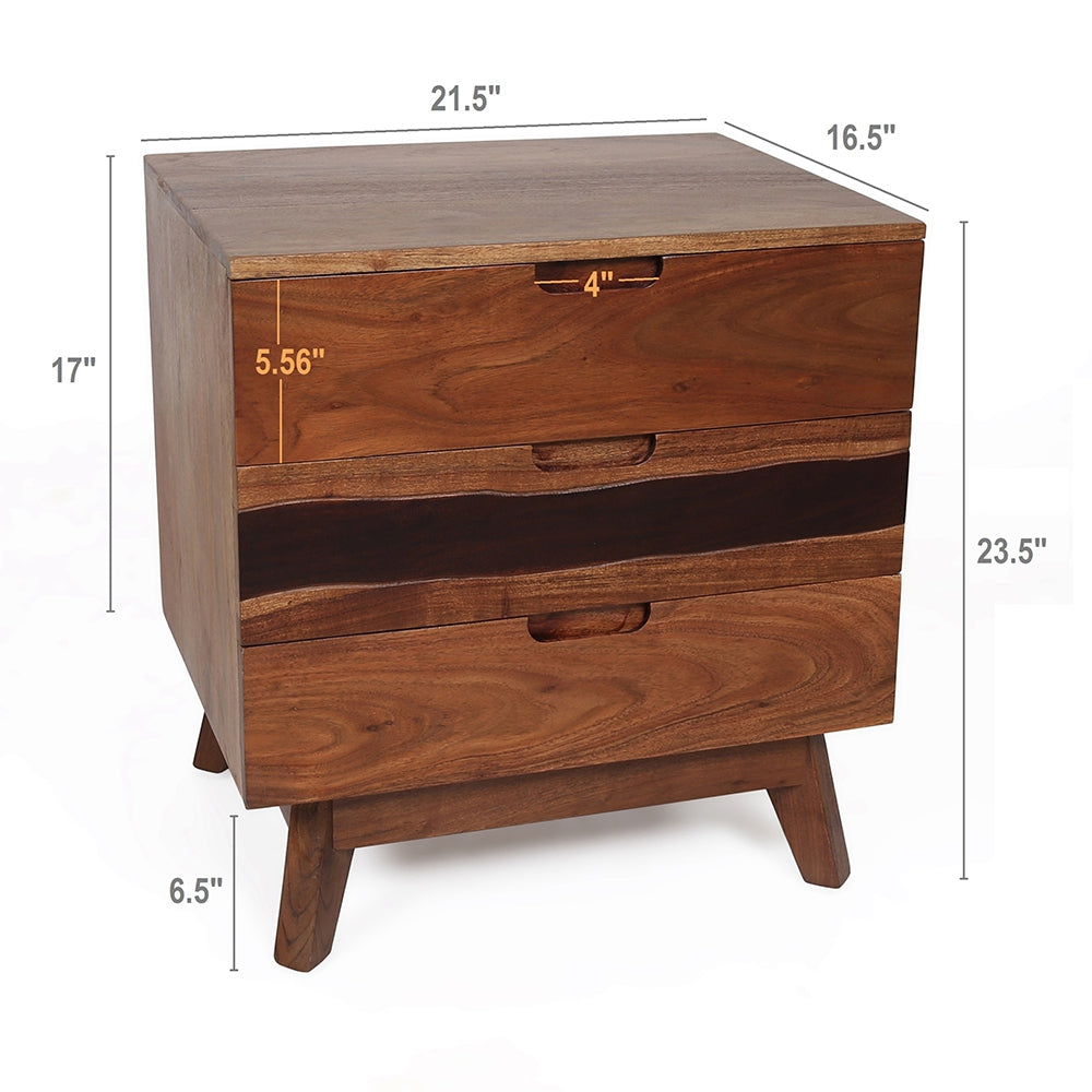 Solid wood nightstand with three drawers and tapered legs Warm brown finish