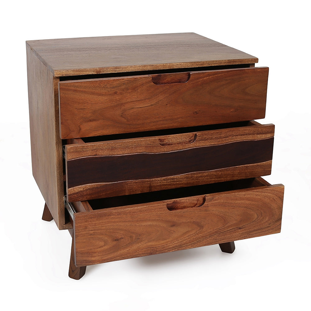 Midcentury modern walnut bedside table with three drawers natural wood finish