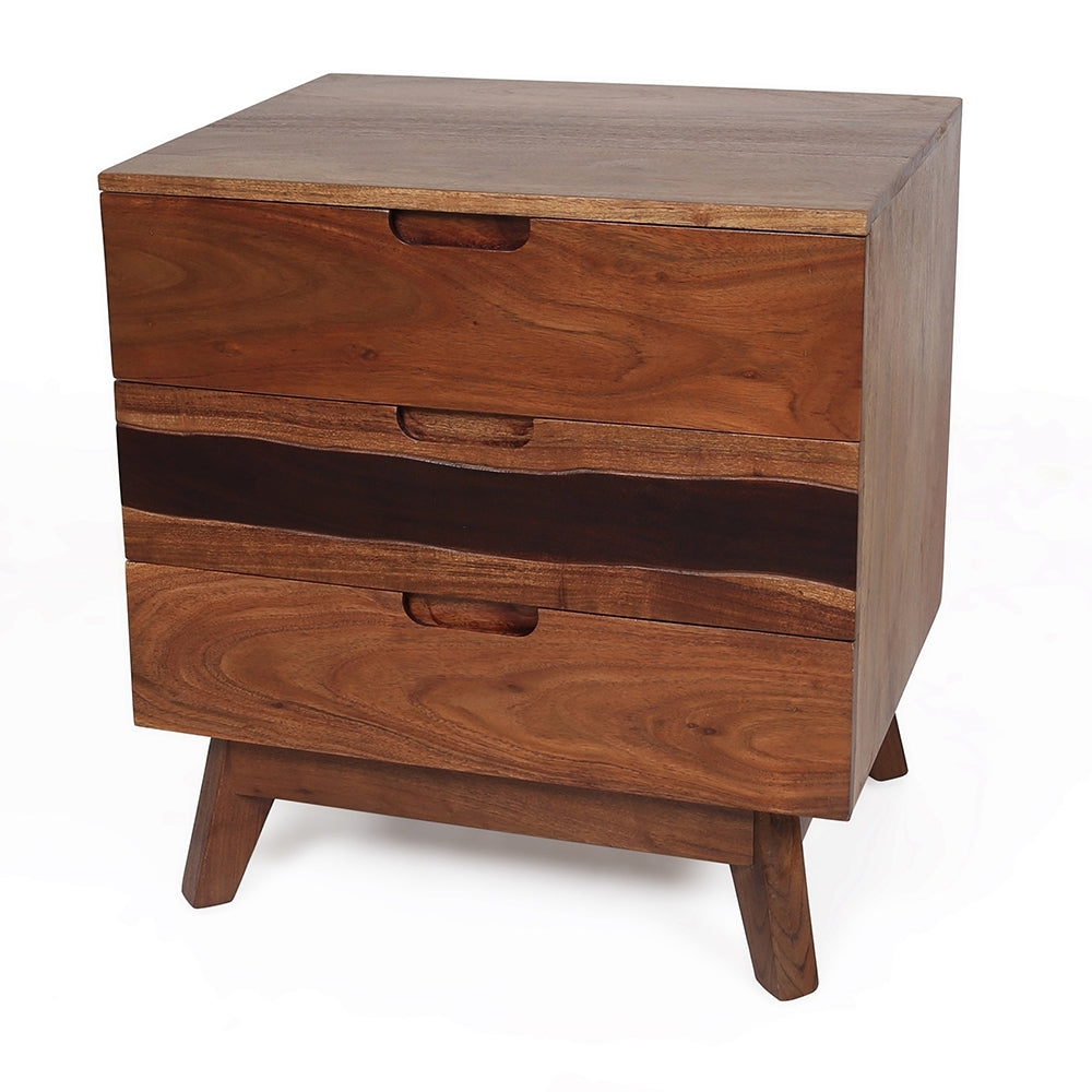 Midcentury modern wooden nightstand with three drawers and angled legs