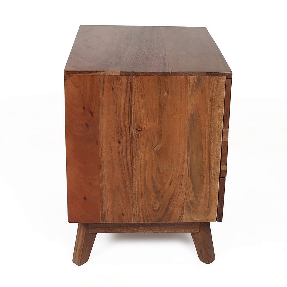 Wooden dresser with three drawers warm brown acacia wood midcentury modern design
