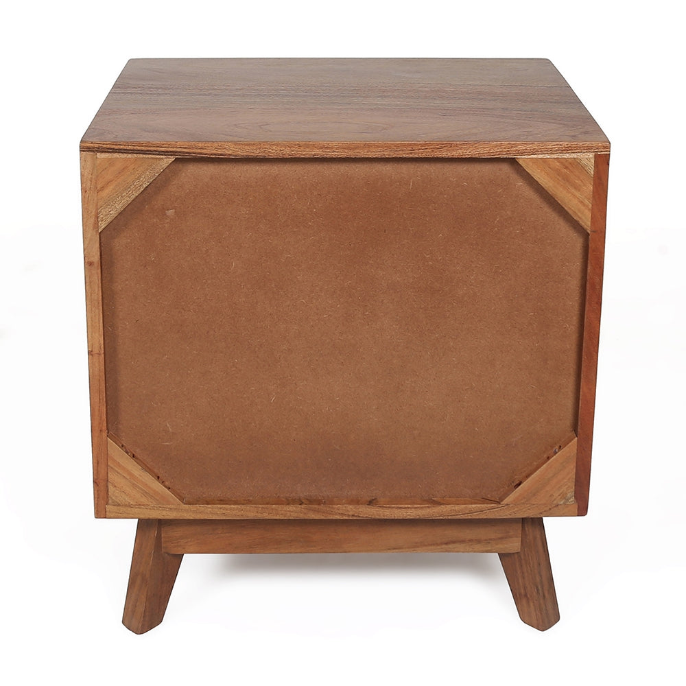 Wooden nightstand with midcentury modern tapered legs showcasing natural wood grain