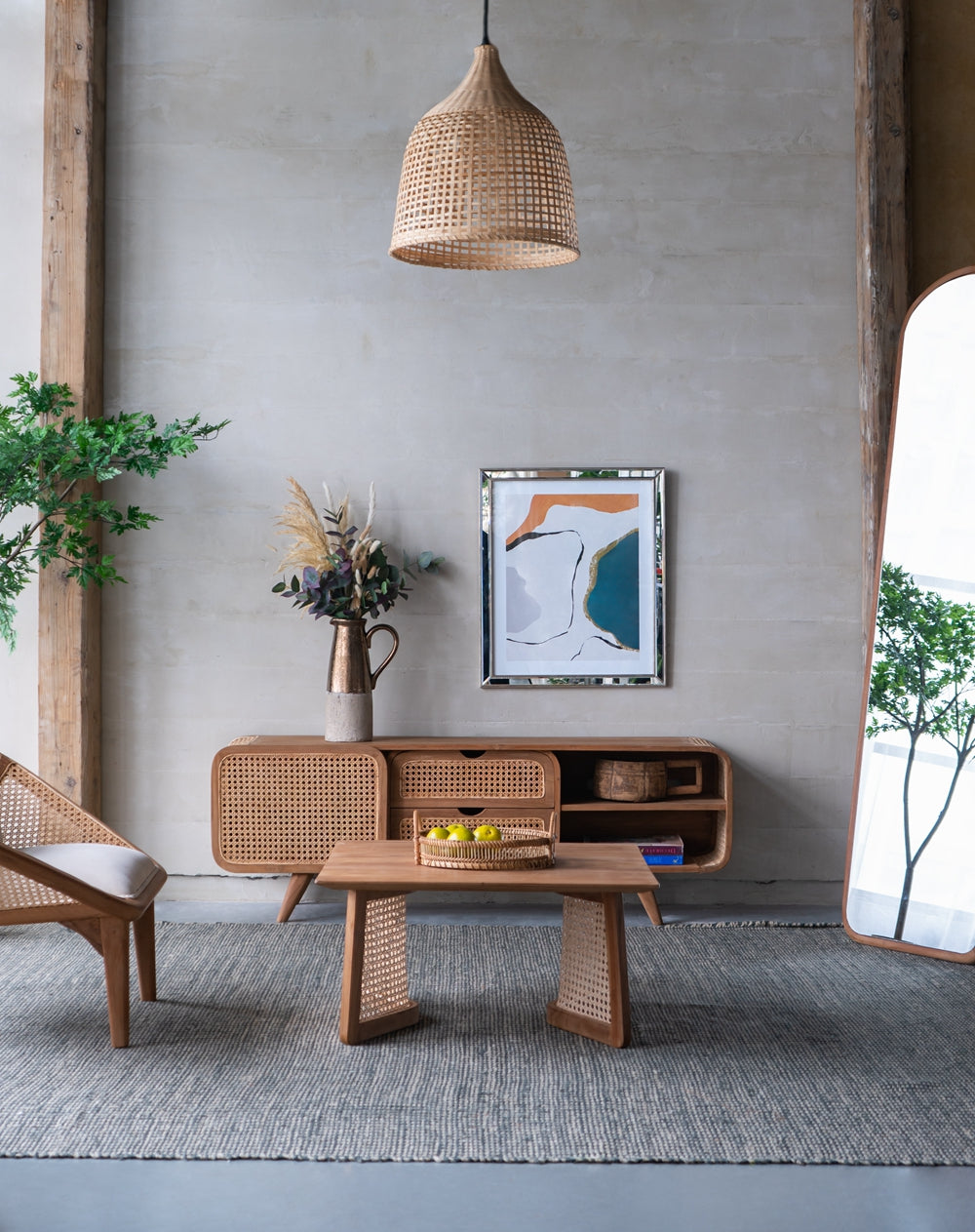 Natural rattan pendant light with intricate weave for ambient lighting