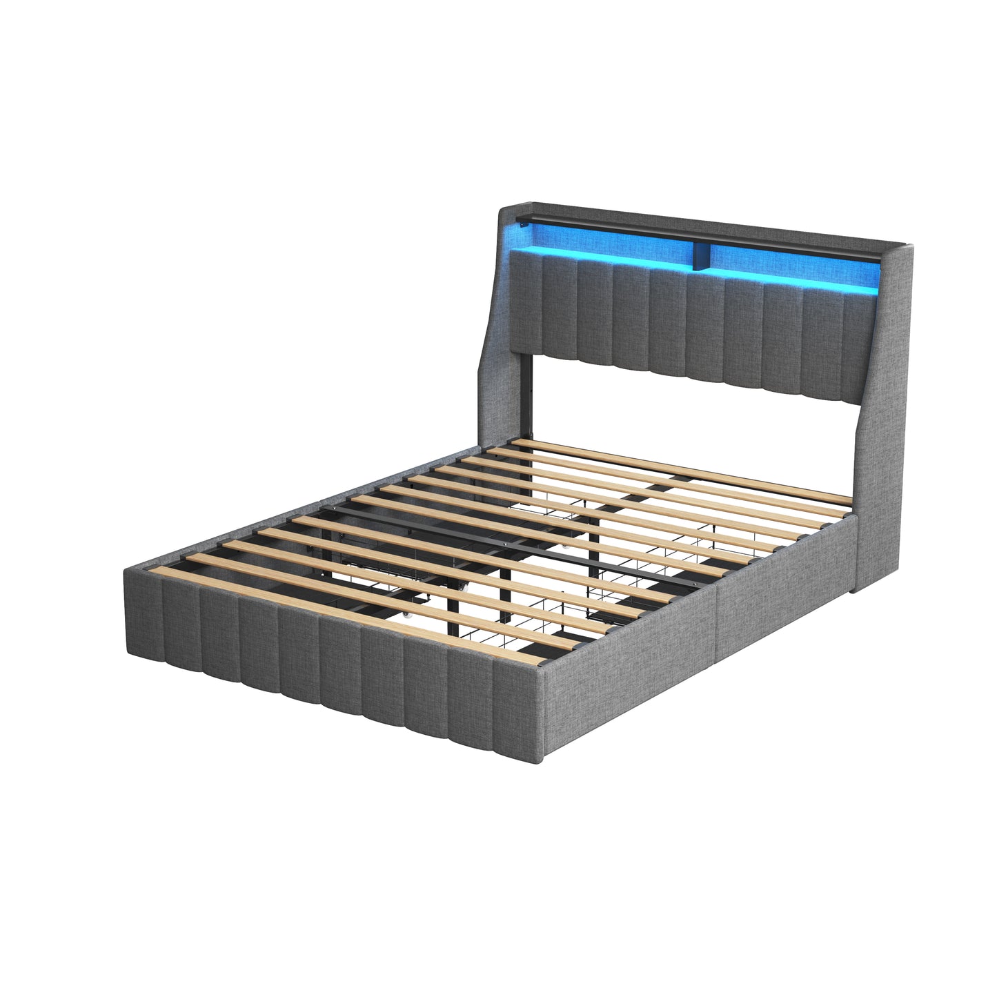 Gray upholstered platform bed frame with blue LED headboard lighting
