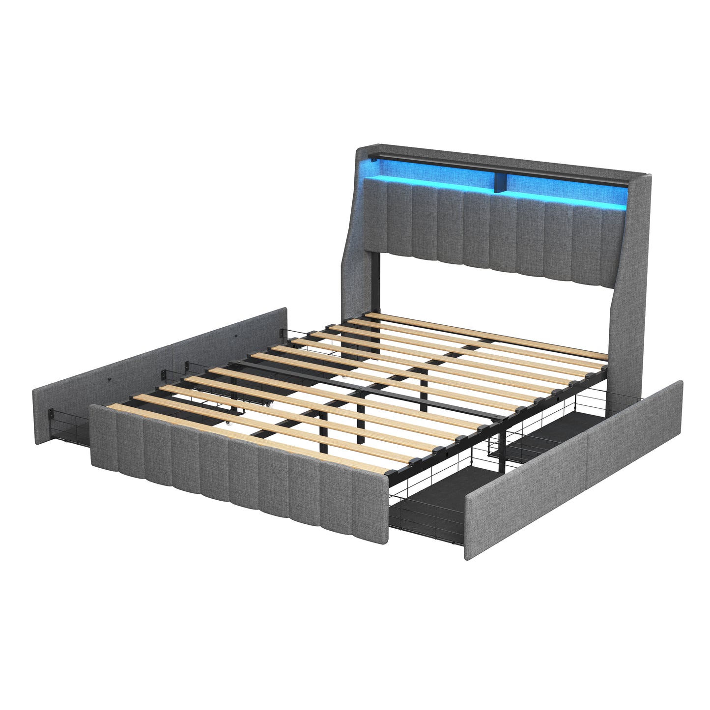 Grey upholstered platform bed frame with integrated LED lighting and storage drawers