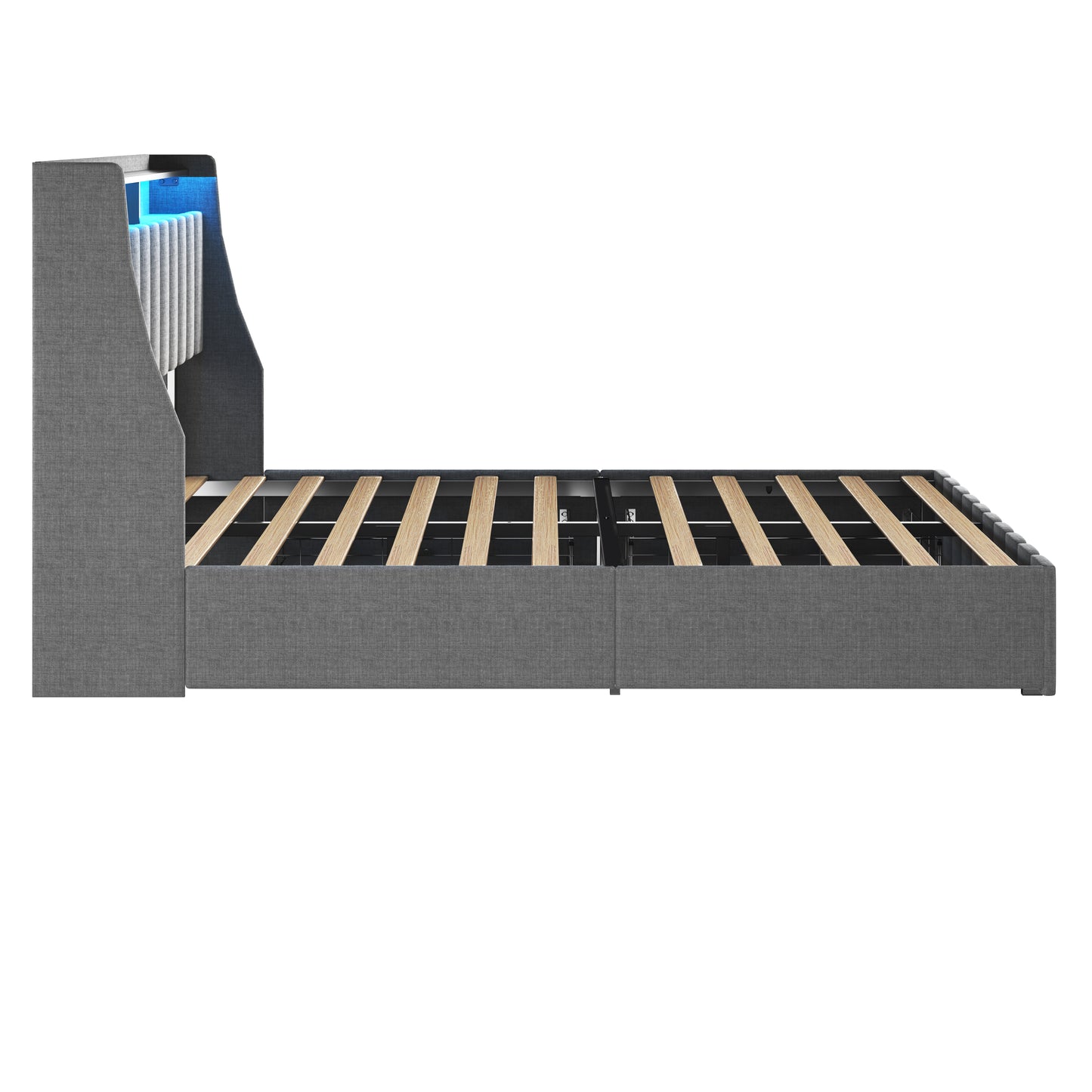 Gray upholstered bed frame with tufted headboard and LED lighting