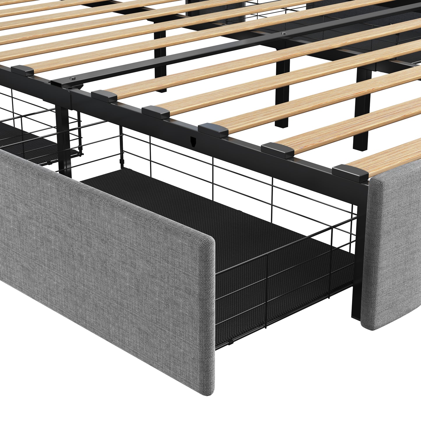 Gray upholstered bed frame with open storage drawer and wooden slats