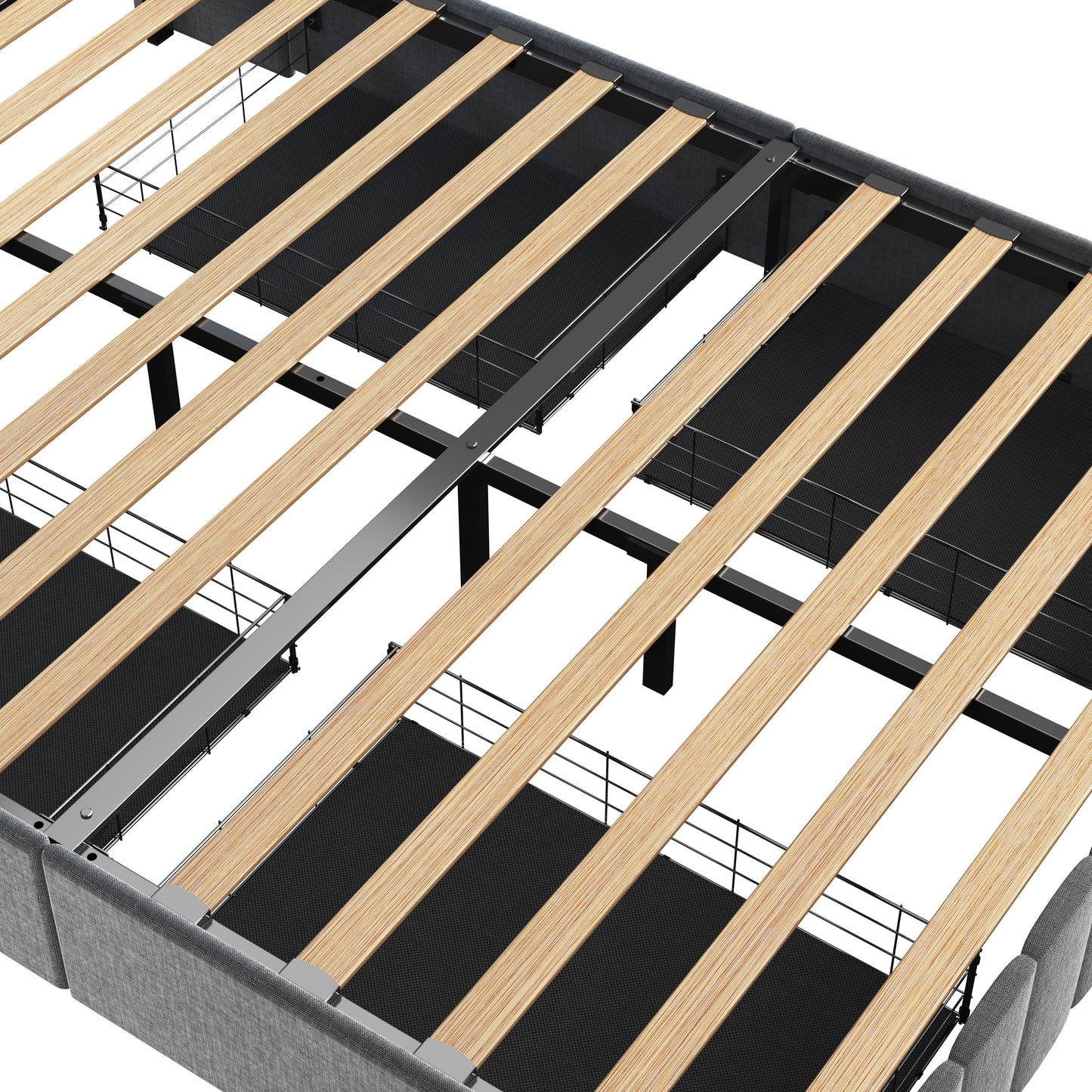 Closeup of grey upholstered bed frame with natural wood slats and black metal support