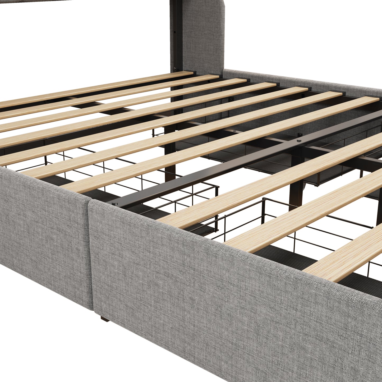 Gray upholstered bed frame with a slatted wooden support system
