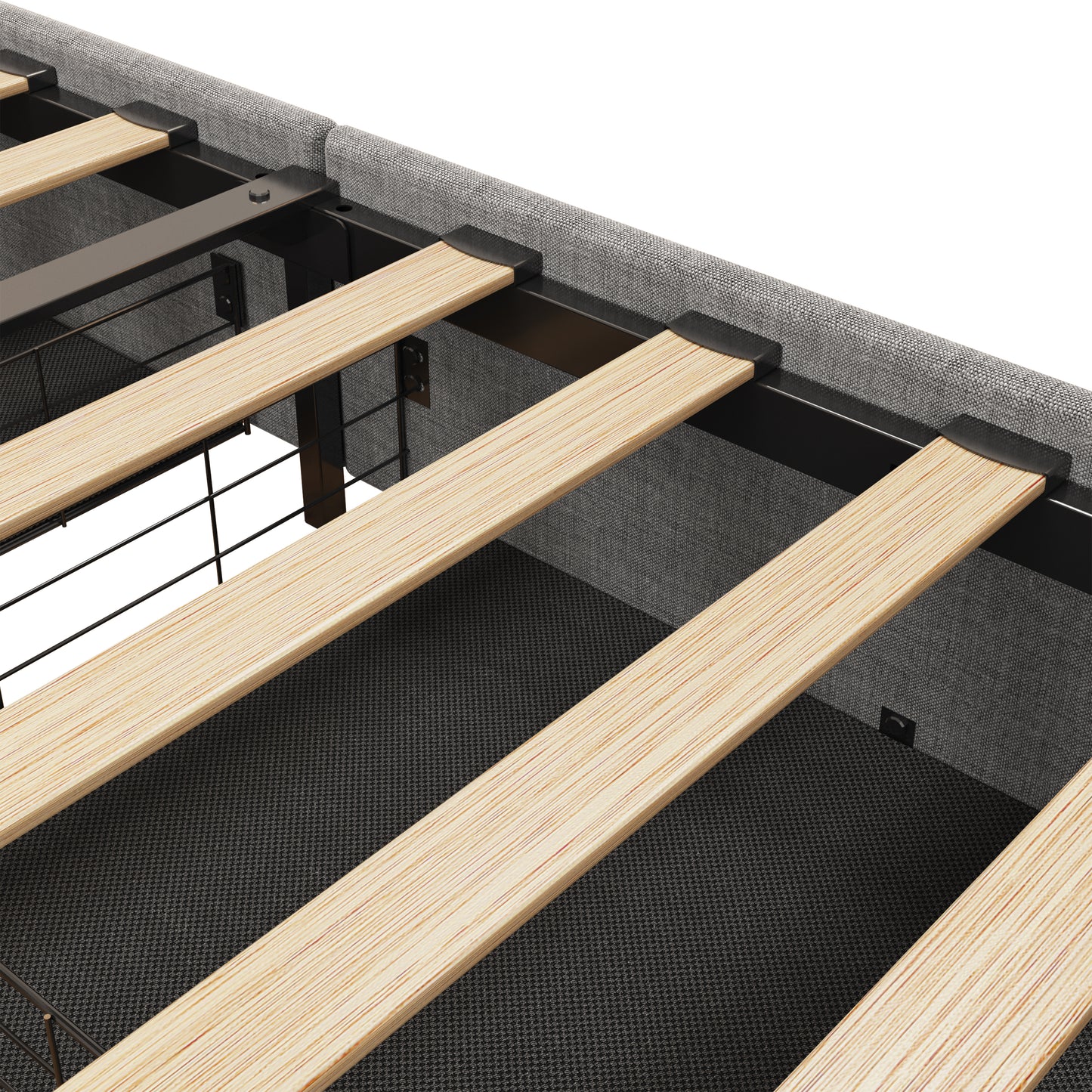 Closeup of grey upholstered bed frame with wooden slats and metal support