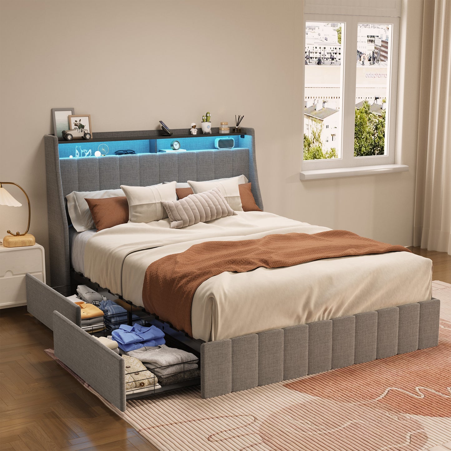 Grey upholstered bed frame with integrated storage drawers and blue LED headboard lighting