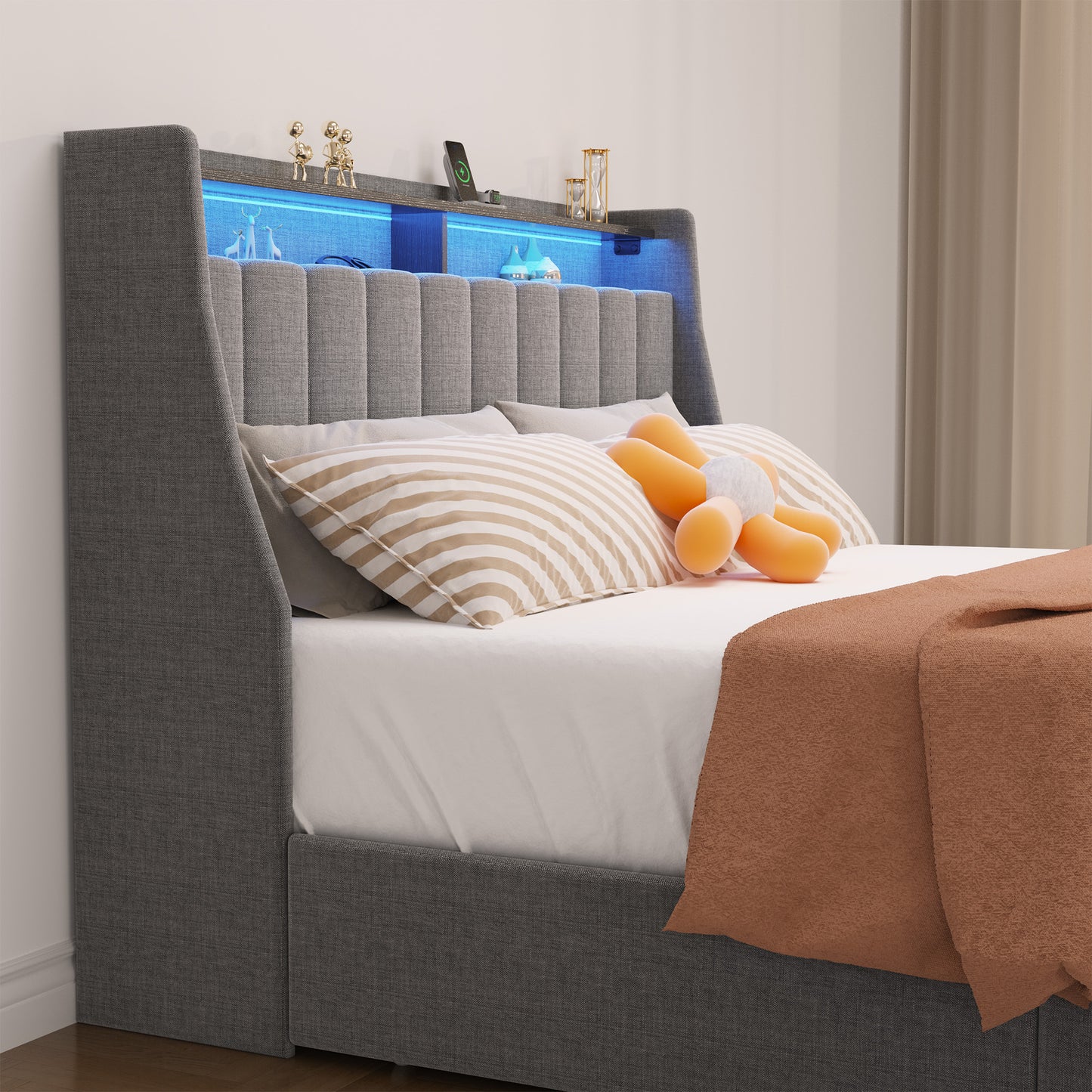 Grey upholstered bed frame with builtin LED headboard lighting