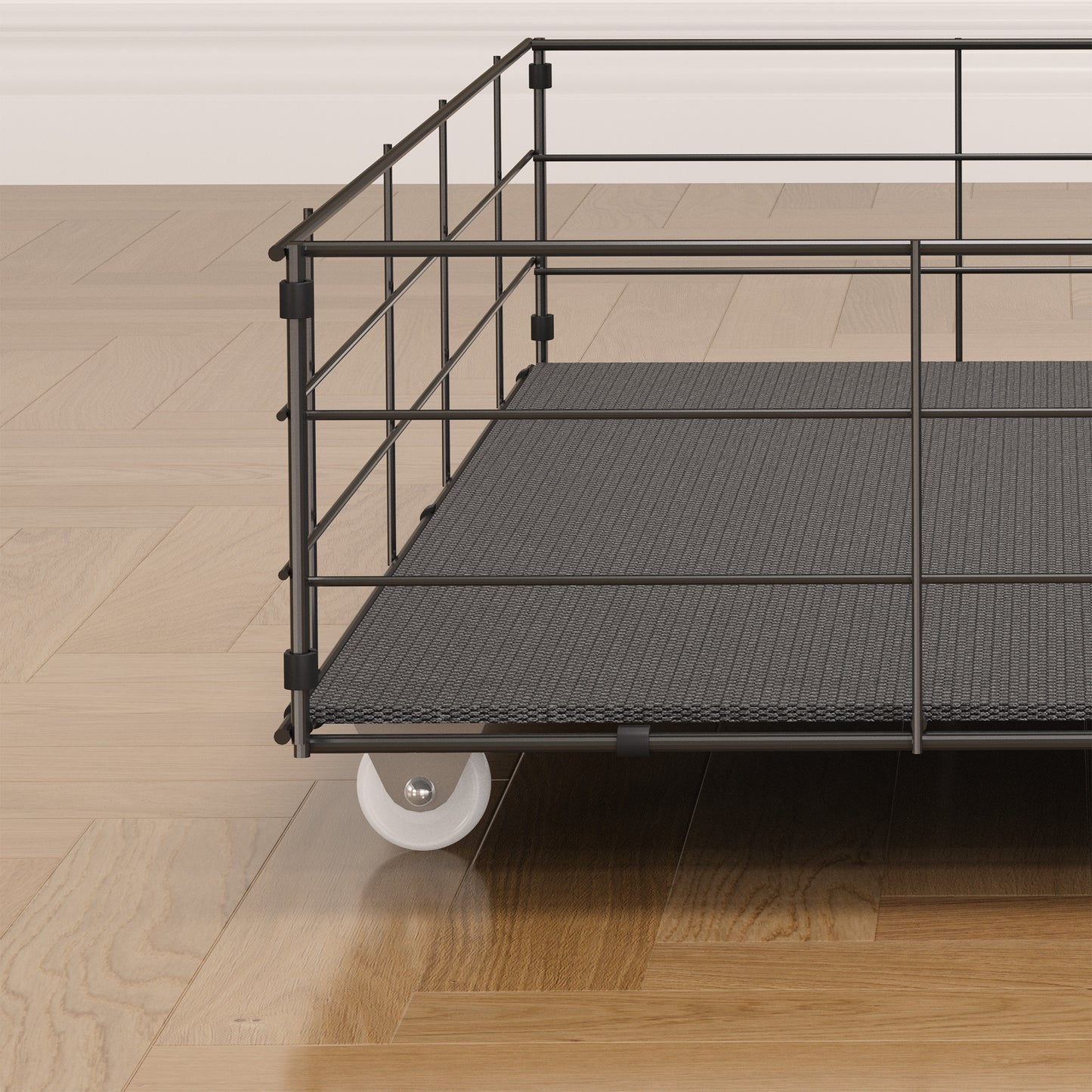 Black metal rolling utility cart with textured grey shelves
