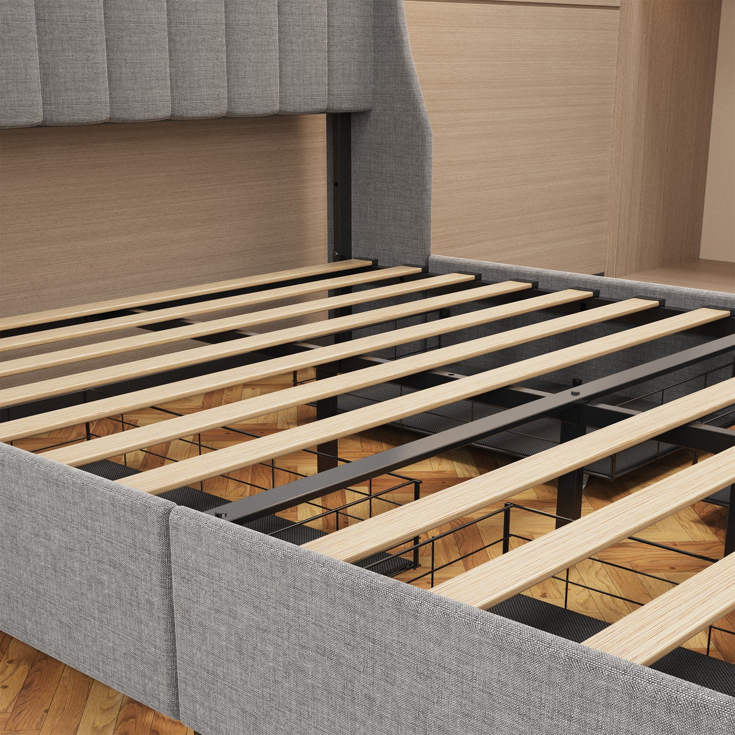Gray upholstered platform bed frame with wooden slats and padded headboard