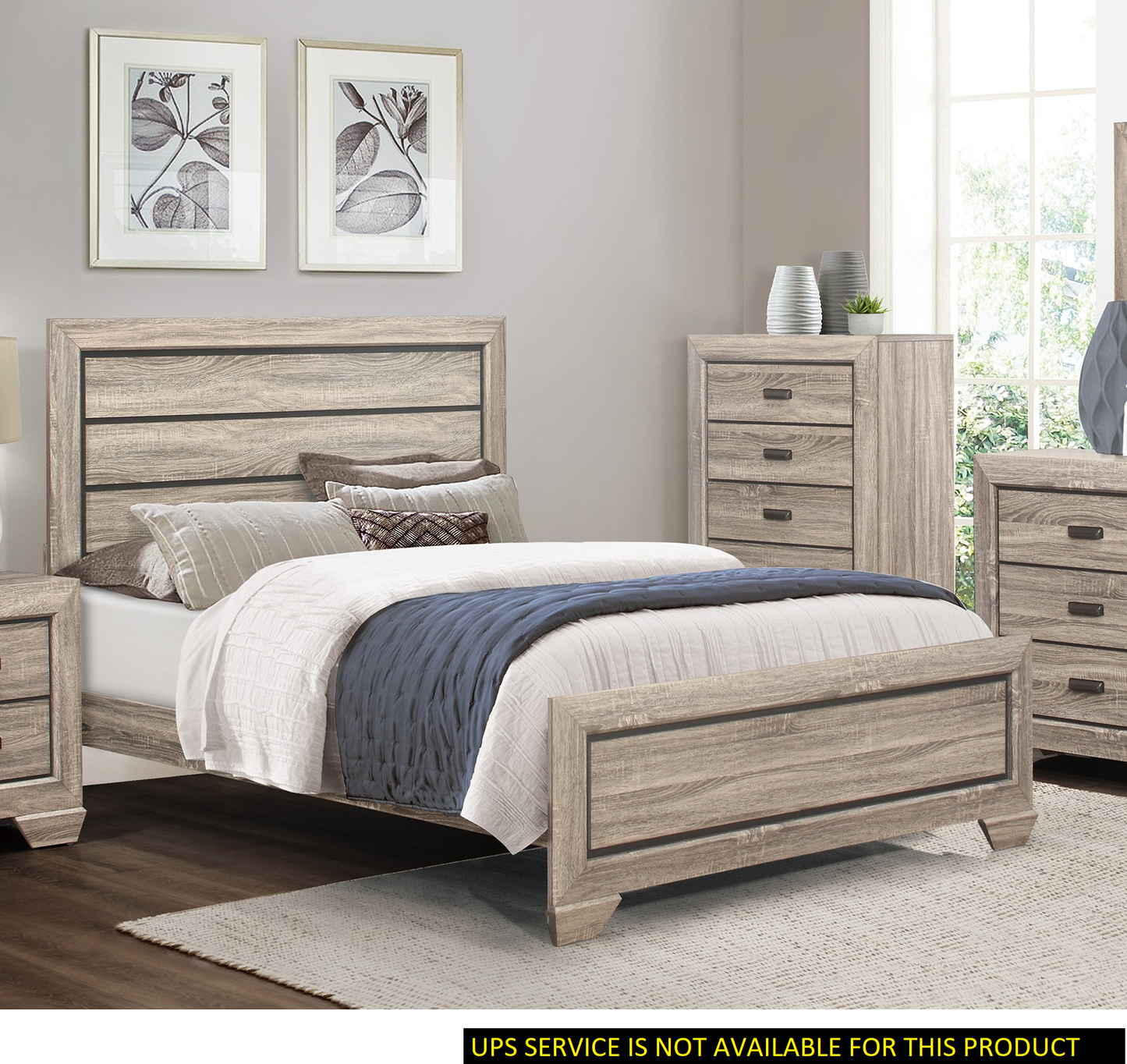 Rustic wood queen bed frame with grey accents and upholstered headboard