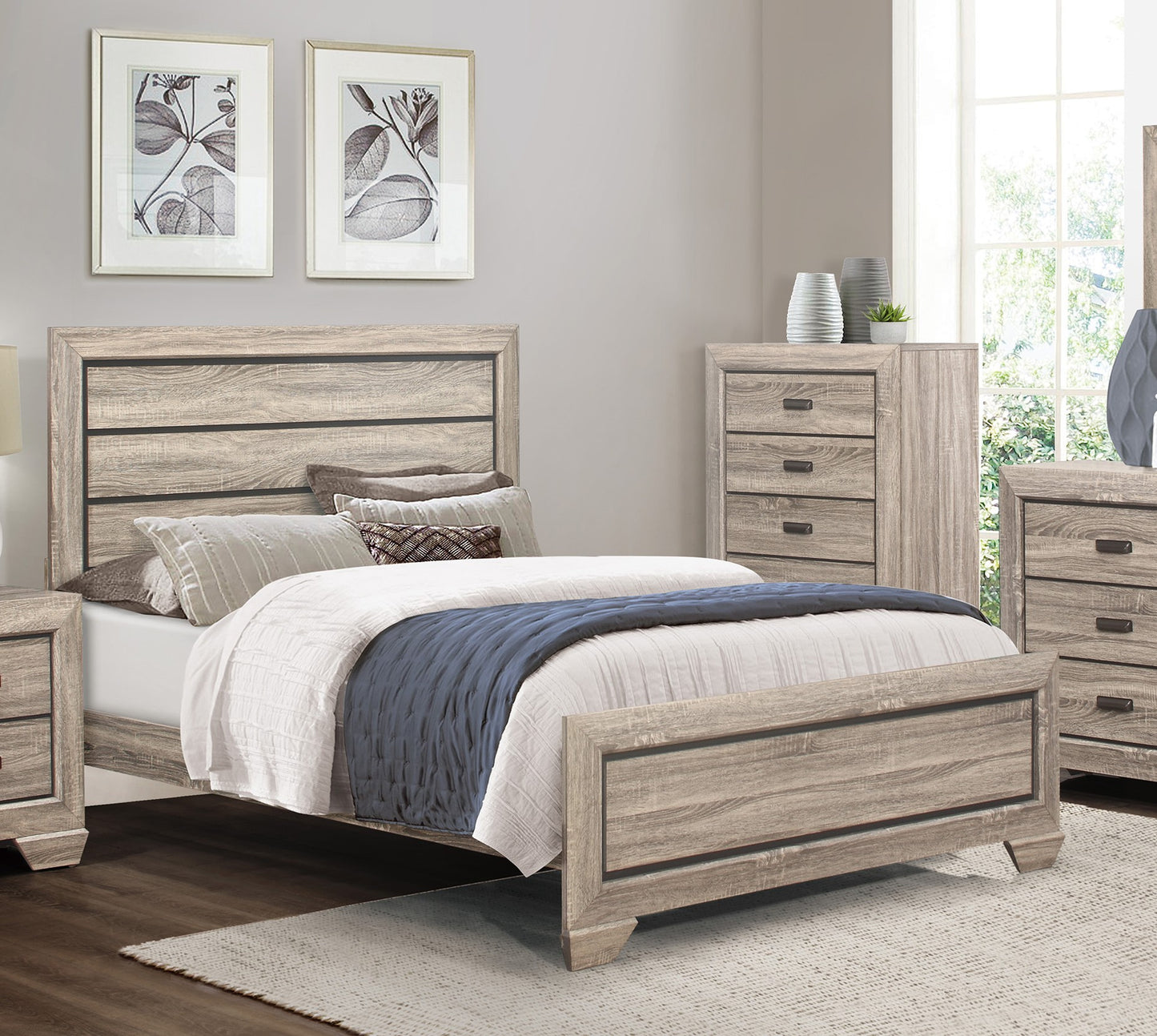 Rustic wood queen bed frame with horizontal headboard