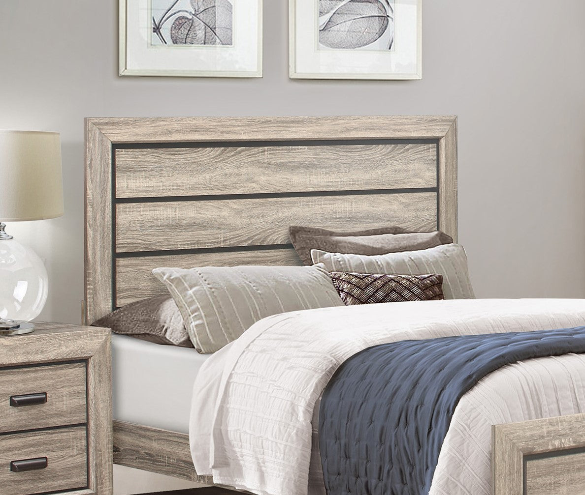 Weathered wood and black metal queen headboard with horizontal slats