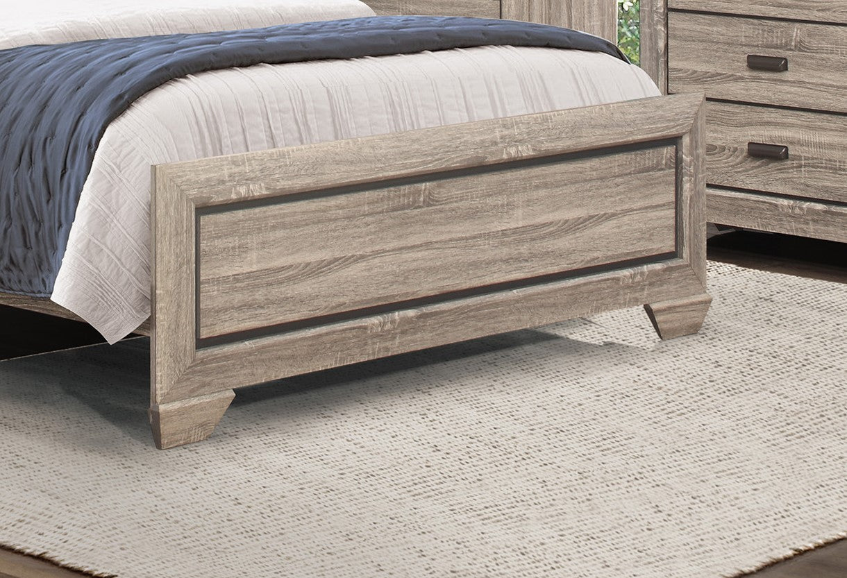 Rustic woodgrain platform bed frame in a neutral taupe finish