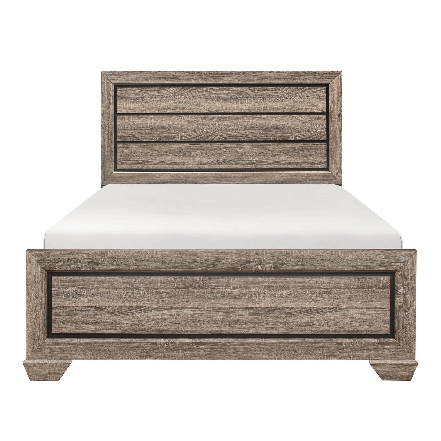 Modern grey wood queen bed frame with horizontal slatted headboard and footboard