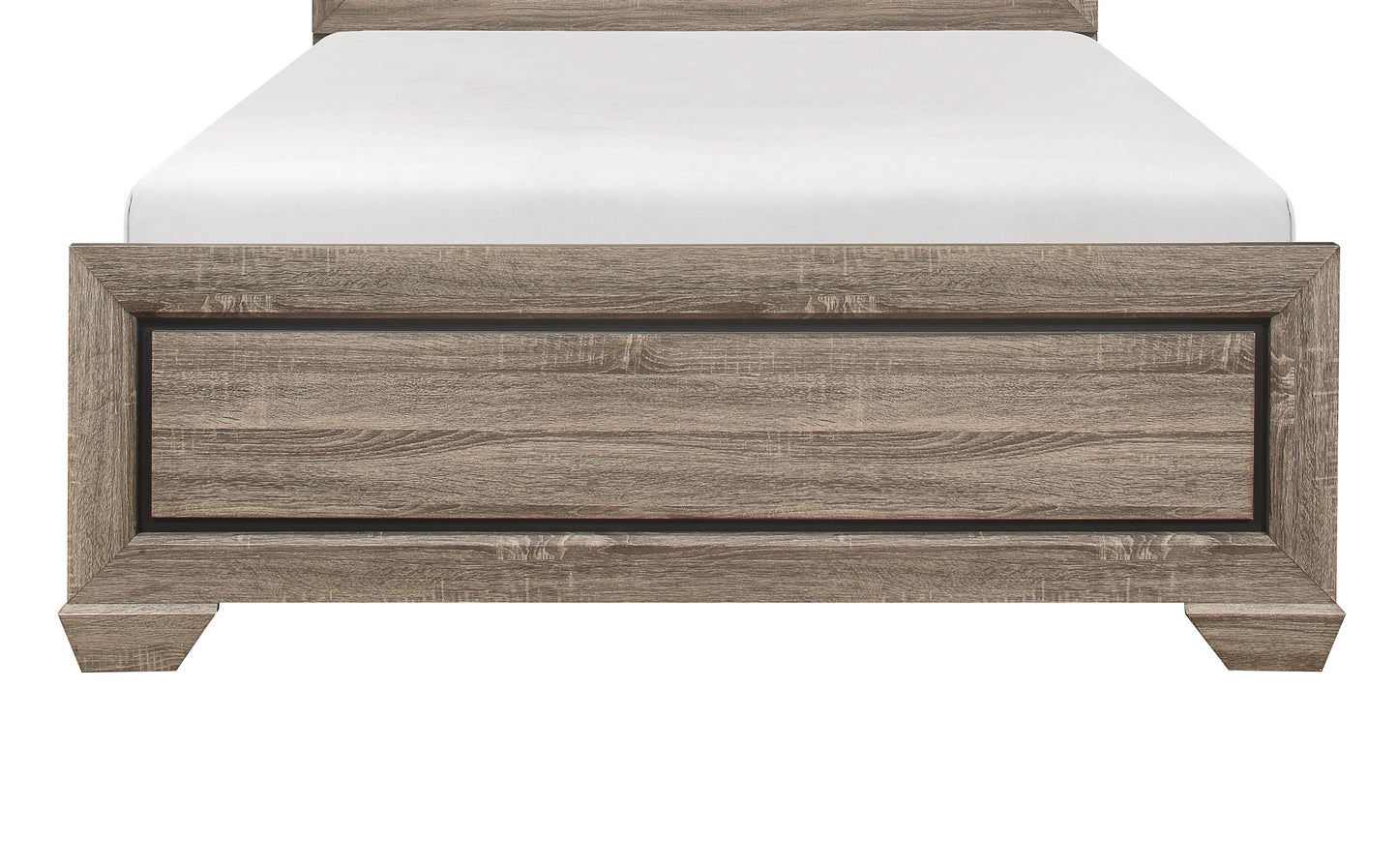 Rustic gray wood queen bed frame with white mattress