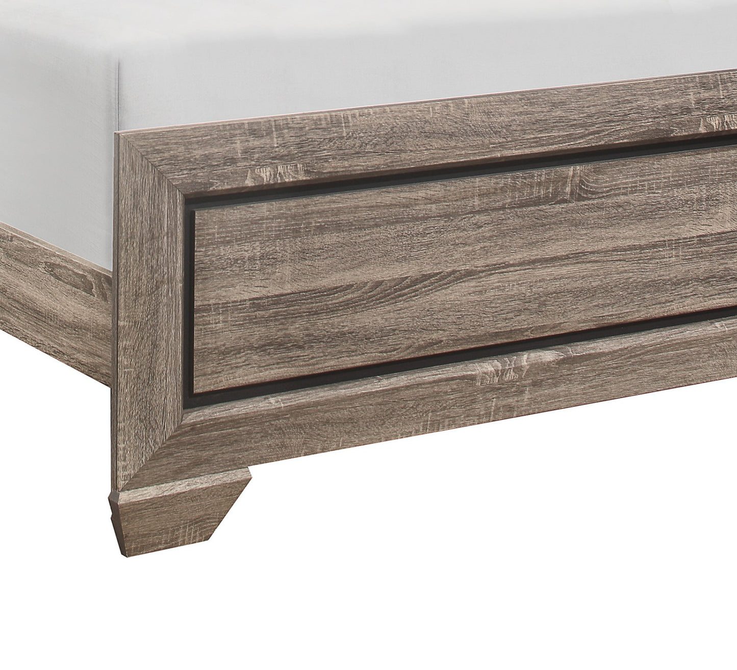Rustic wood grain bed frame with white mattress corner