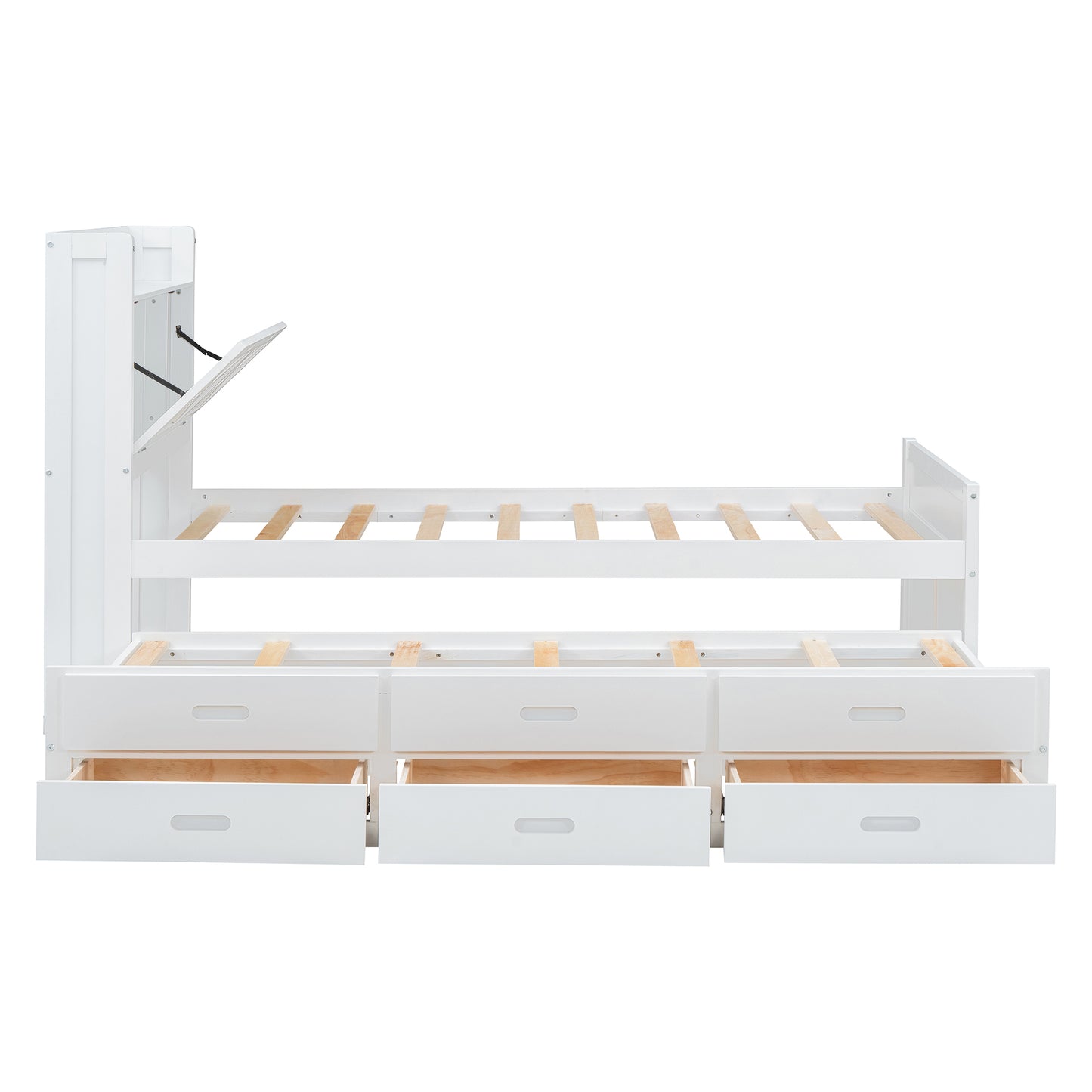 White twin captain bed with six drawers and a pullout trundle