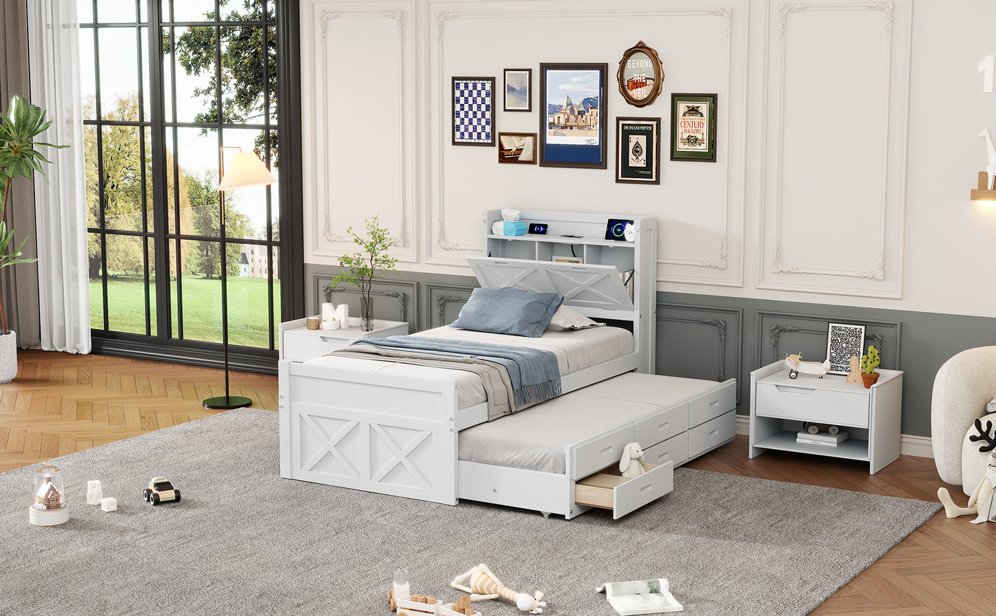 White wooden twin bed with pullout trundle and storage drawers