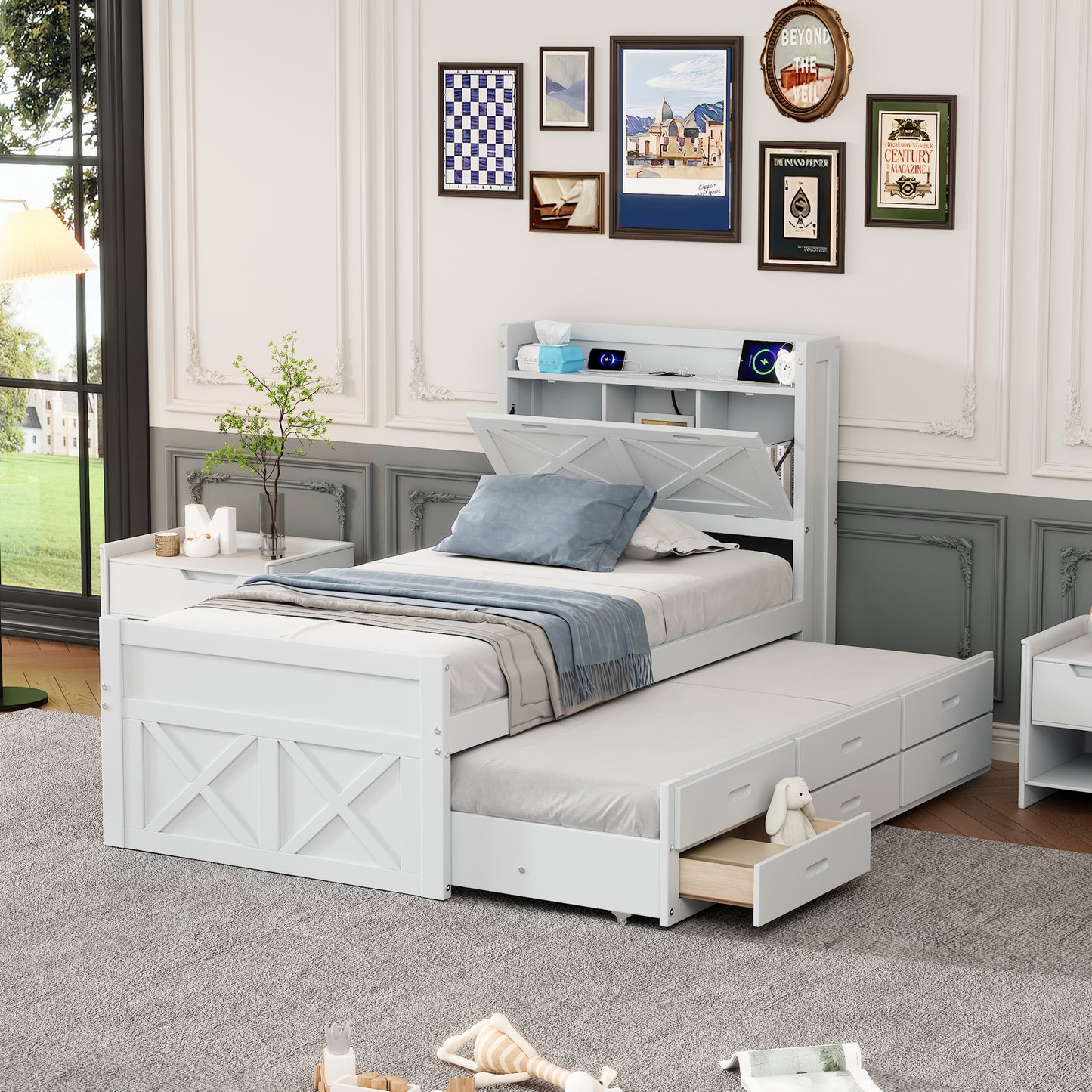 White twin storage bed with pullout trundle