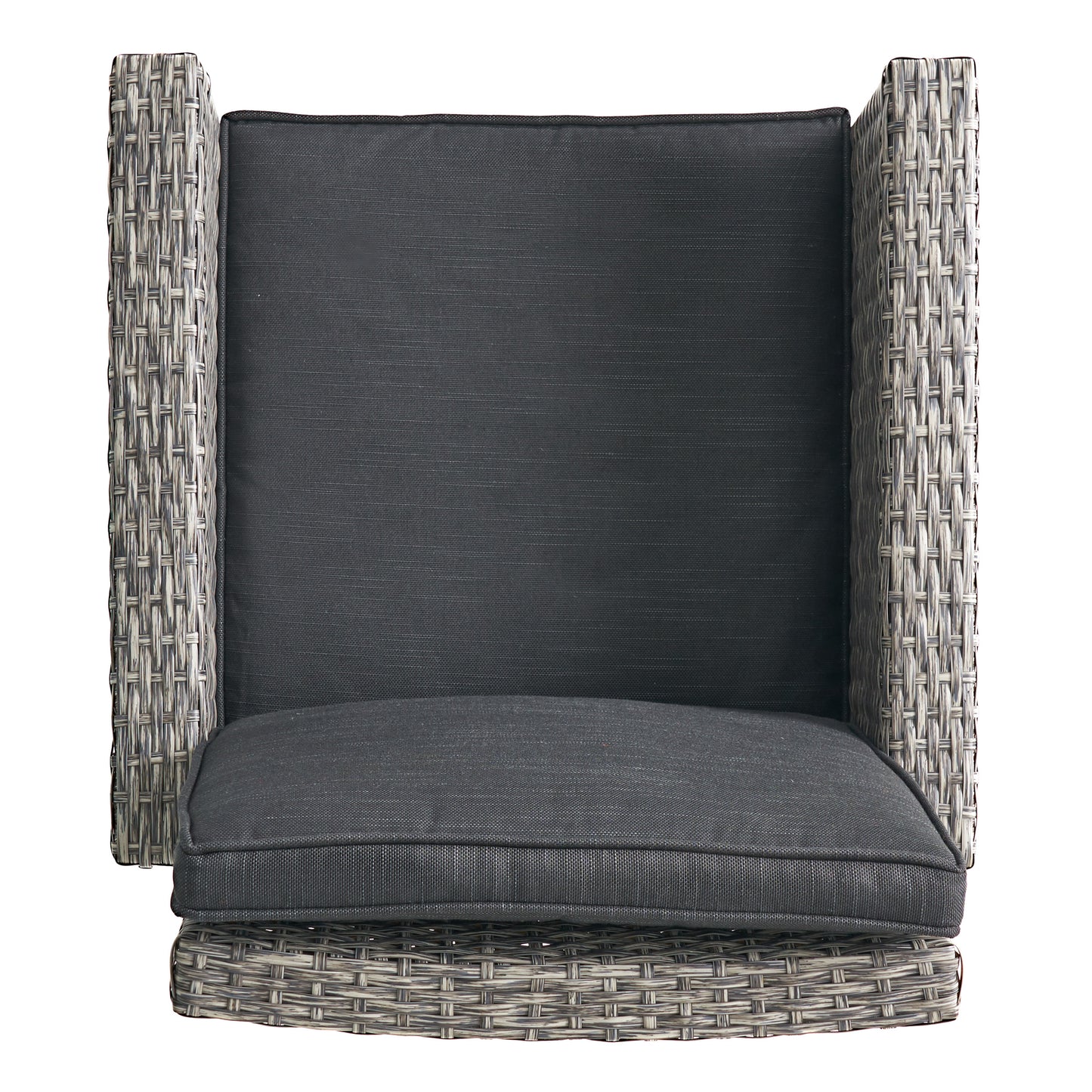 Gray wicker swivel chair with charcoal cushions