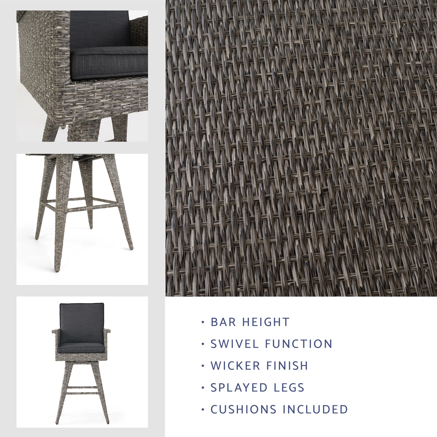 Gray wicker bar stool with swivel function and charcoal cushion