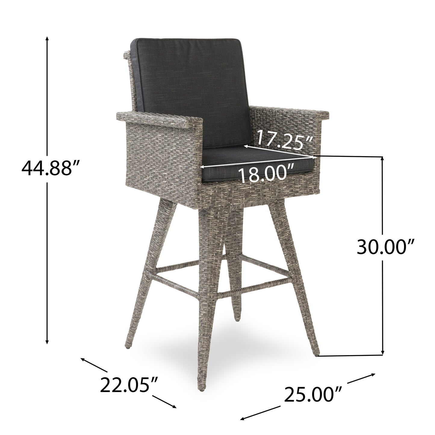 Gray wicker bar stool with charcoal cushion