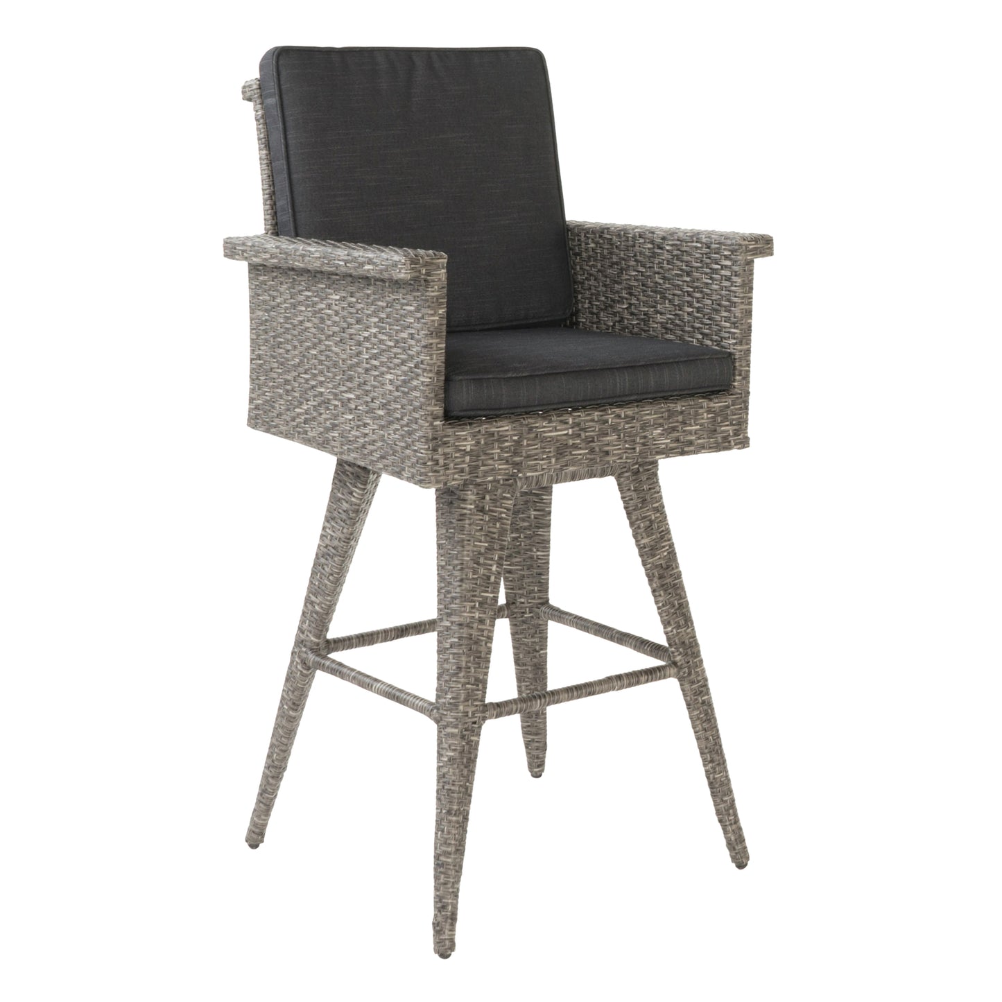 Gray wicker bar stool with charcoal gray cushion