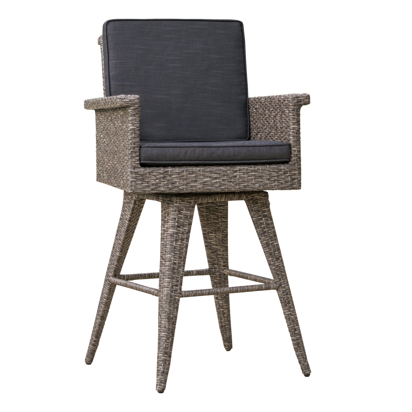 Gray wicker swivel bar stool with dark gray cushion