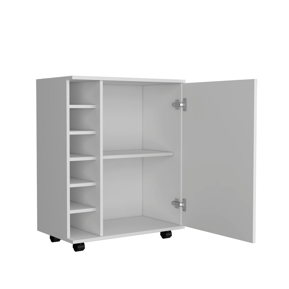 White mobile storage cabinet with open door and five shelves