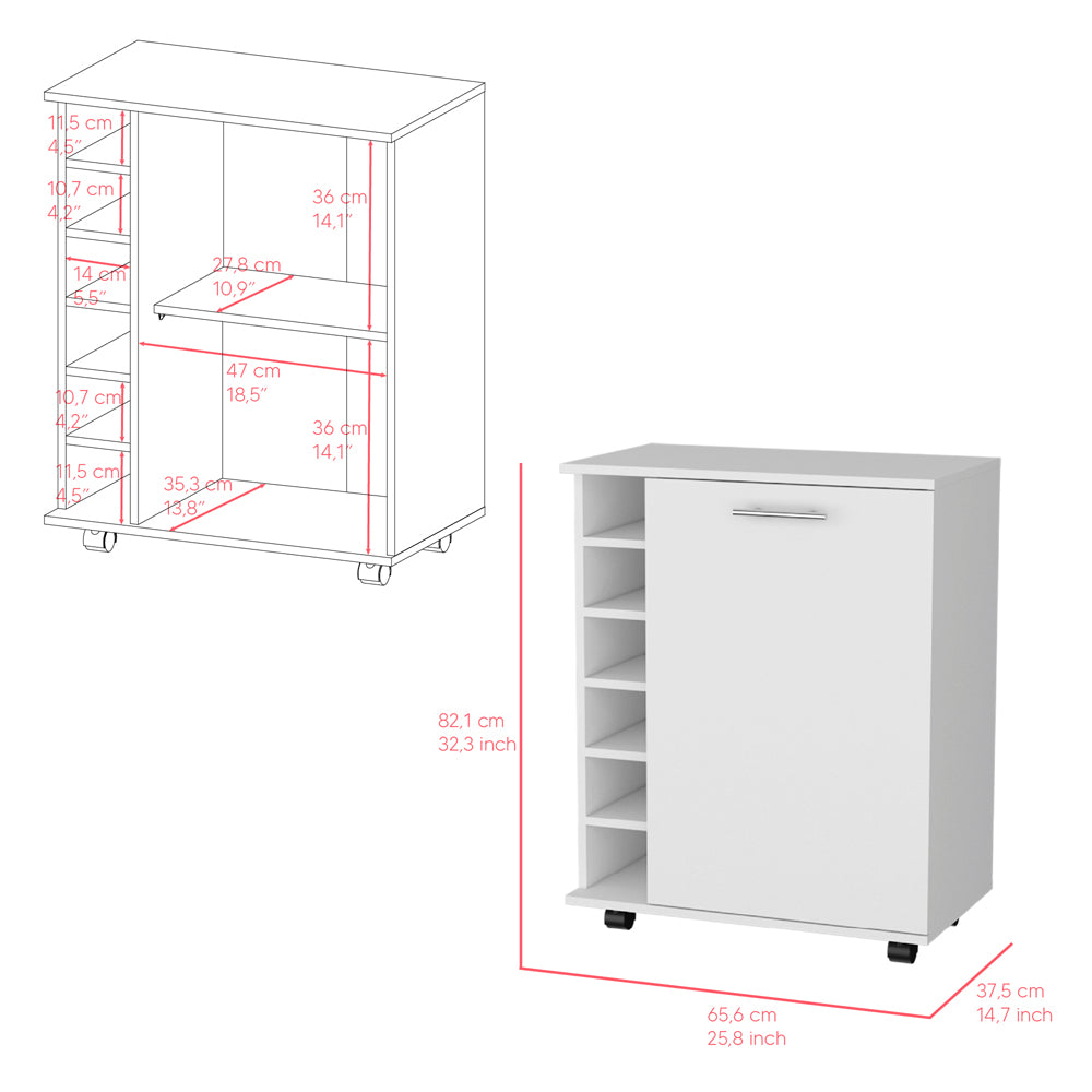 White mobile kitchen cart with side shelves and cabinet door