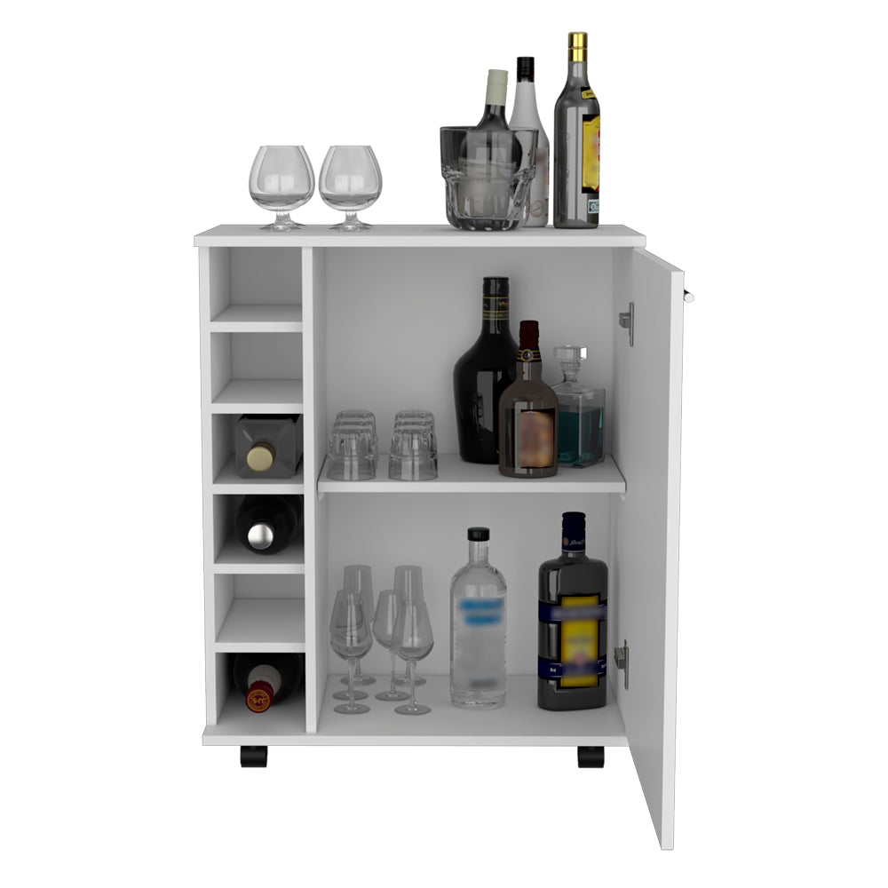 White mobile bar cart with wine rack and shelving