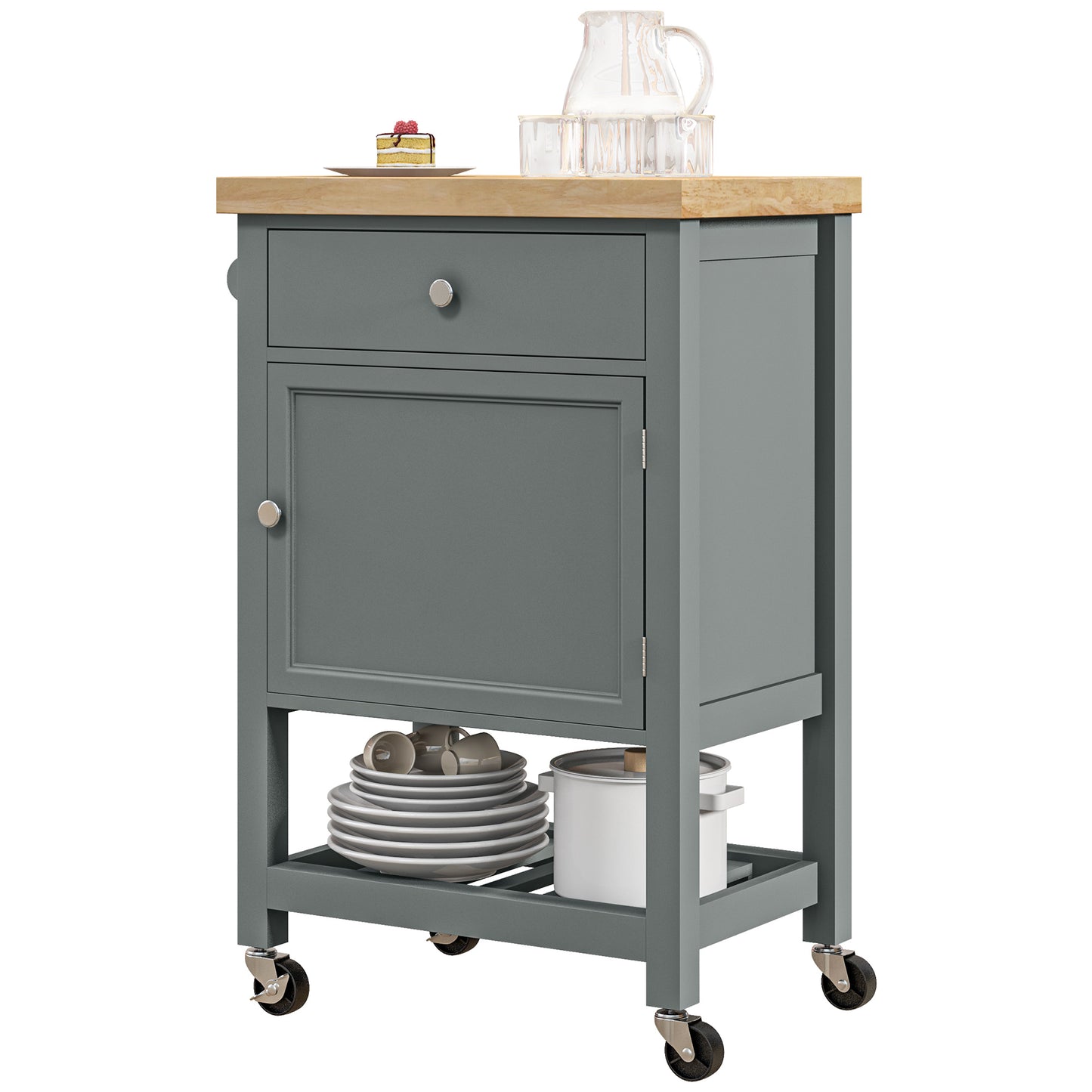 Gray kitchen island cart with wooden top drawer cabinet and shelving holding plates and cookware