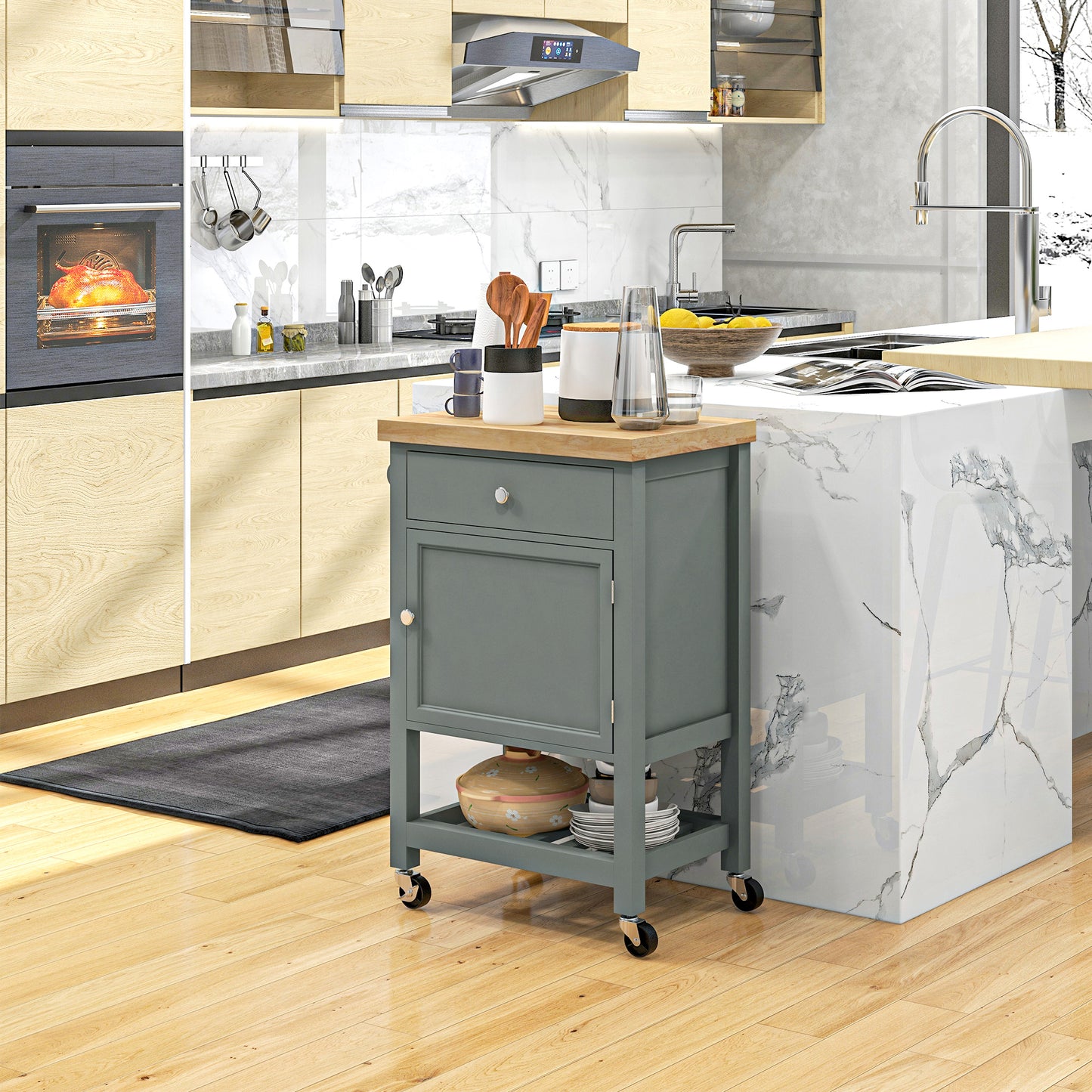 Grey kitchen island cart with wooden top one drawer cabinet and casters for mobility
