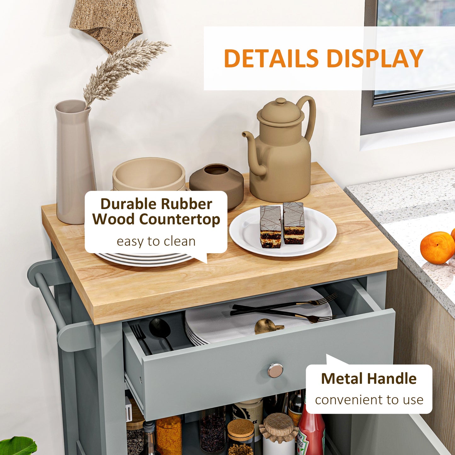 Gray kitchen cart with wood countertop and drawer showcasing cutlery