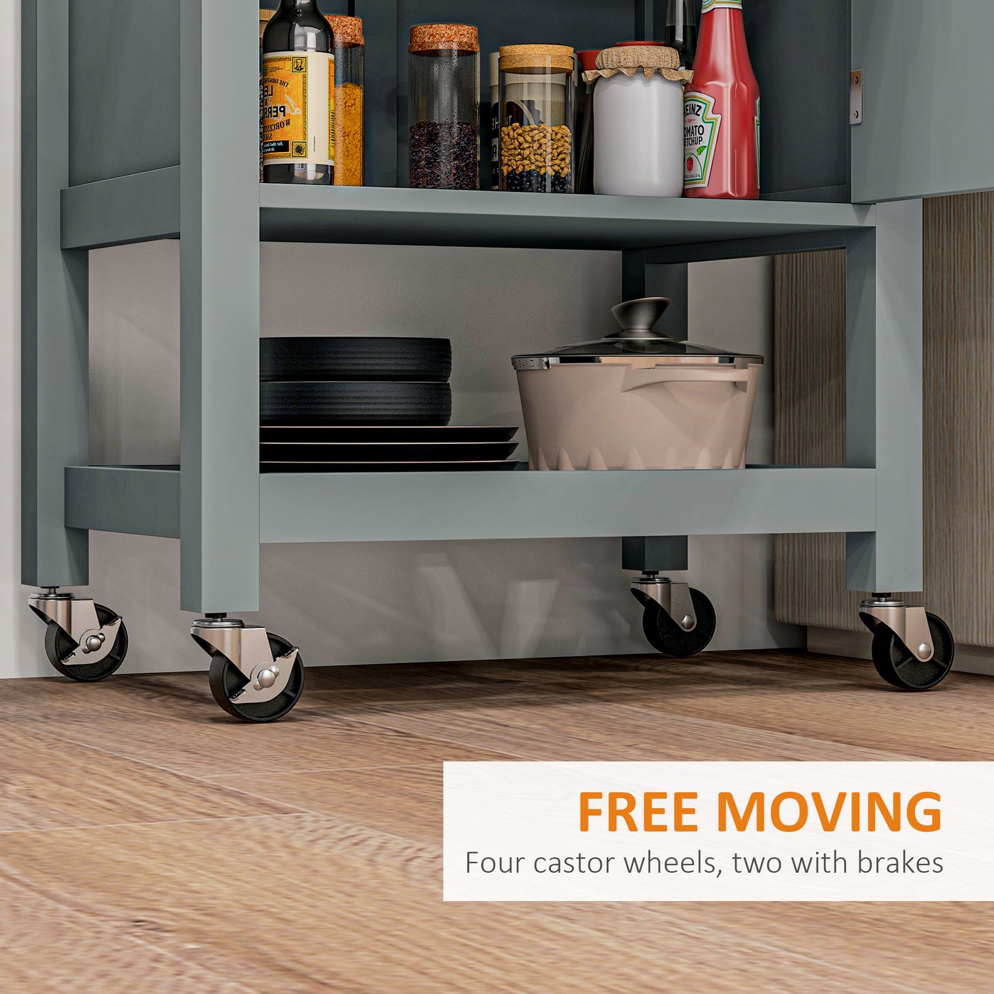 Gray kitchen cart with castor wheels featuring cookware and pantry items