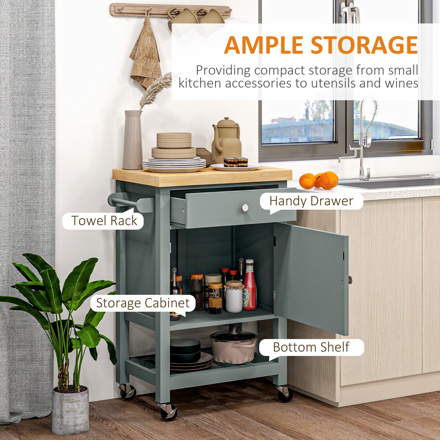 Gray kitchen island cart with towel rack and ample storage