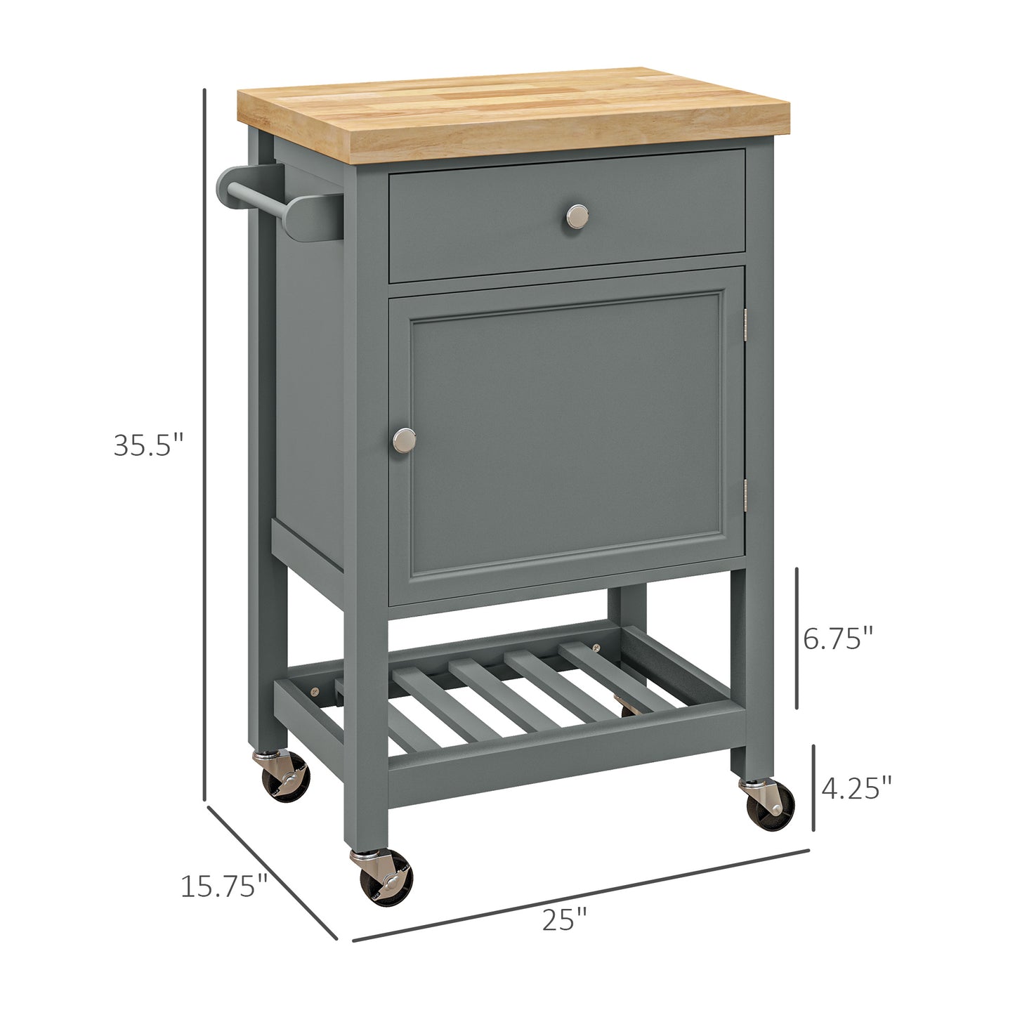 Gray kitchen cart with butcher block top and one drawer
