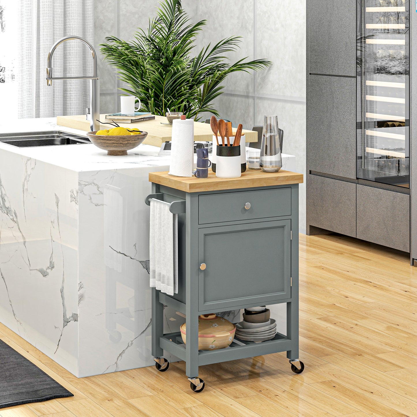 Grey kitchen island cart with butcher block top and towel rack