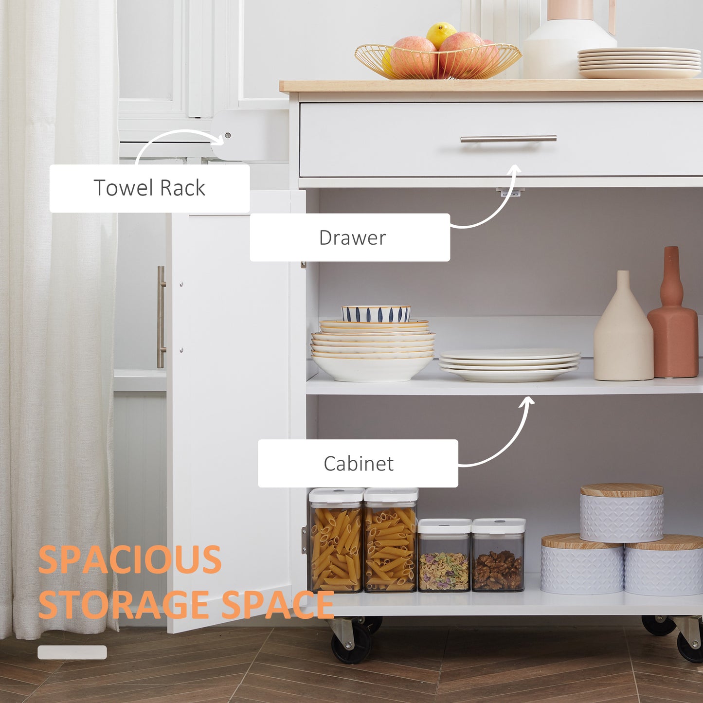 White kitchen cart with a towel rack on the left door