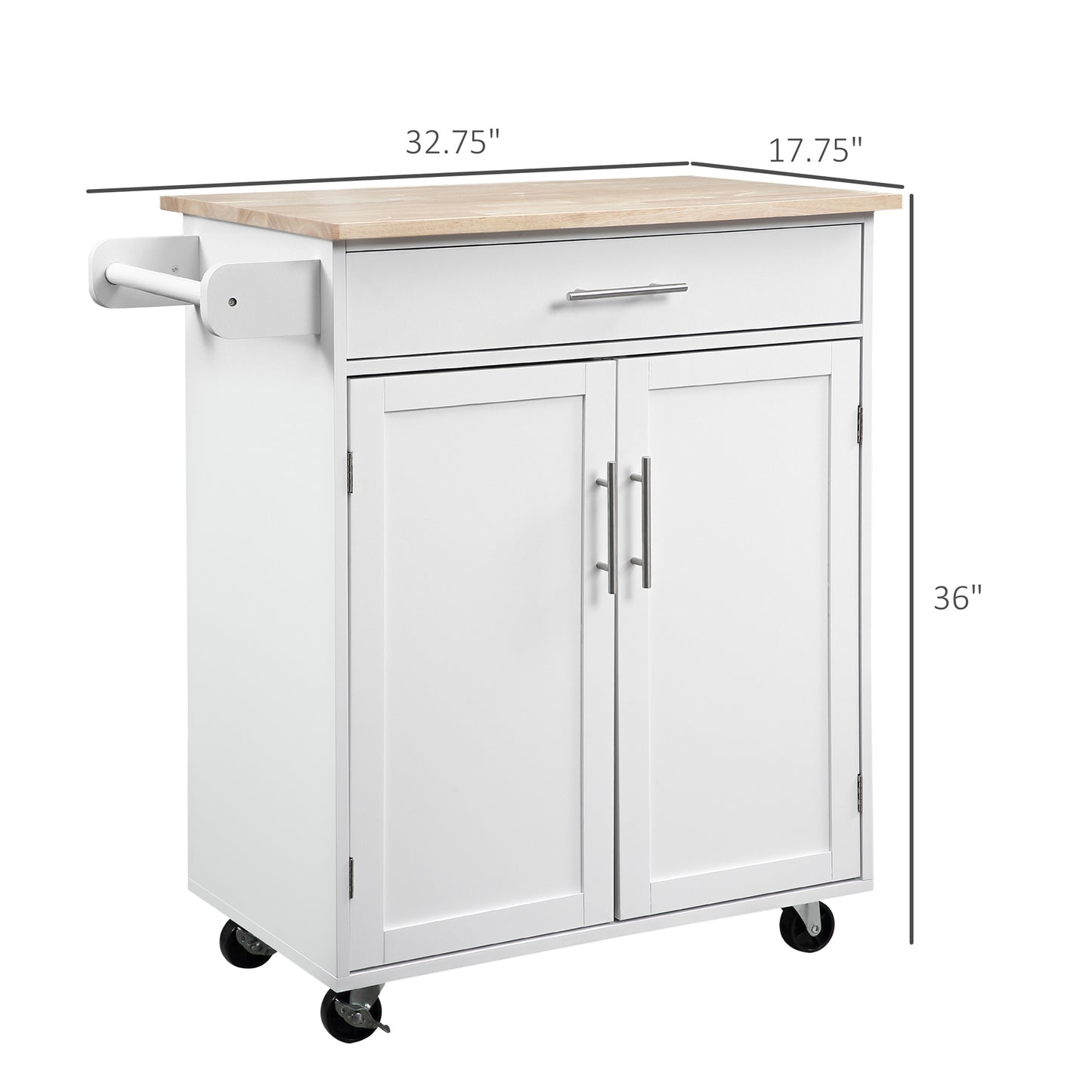 White kitchen cart with butcher block top and drawer